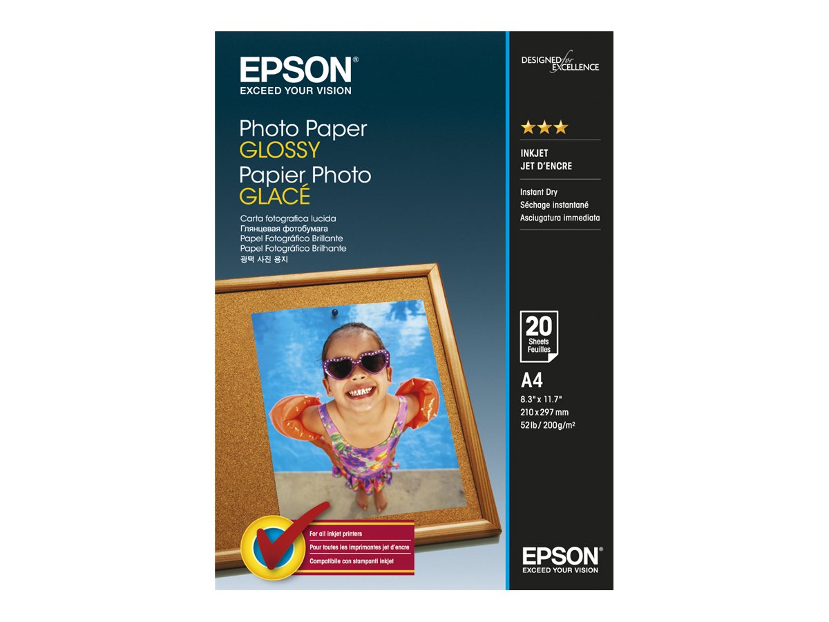 Epson - Brillant - A4 (210 x 297 mm) - 200 g/m² - 20 feuille(s) papier photo - pour EcoTank ET-2850, 2851, 2856, 4850; EcoTank Photo ET-8500; WorkForce Pro WF-C5790 - C13S042538 - Papier photo