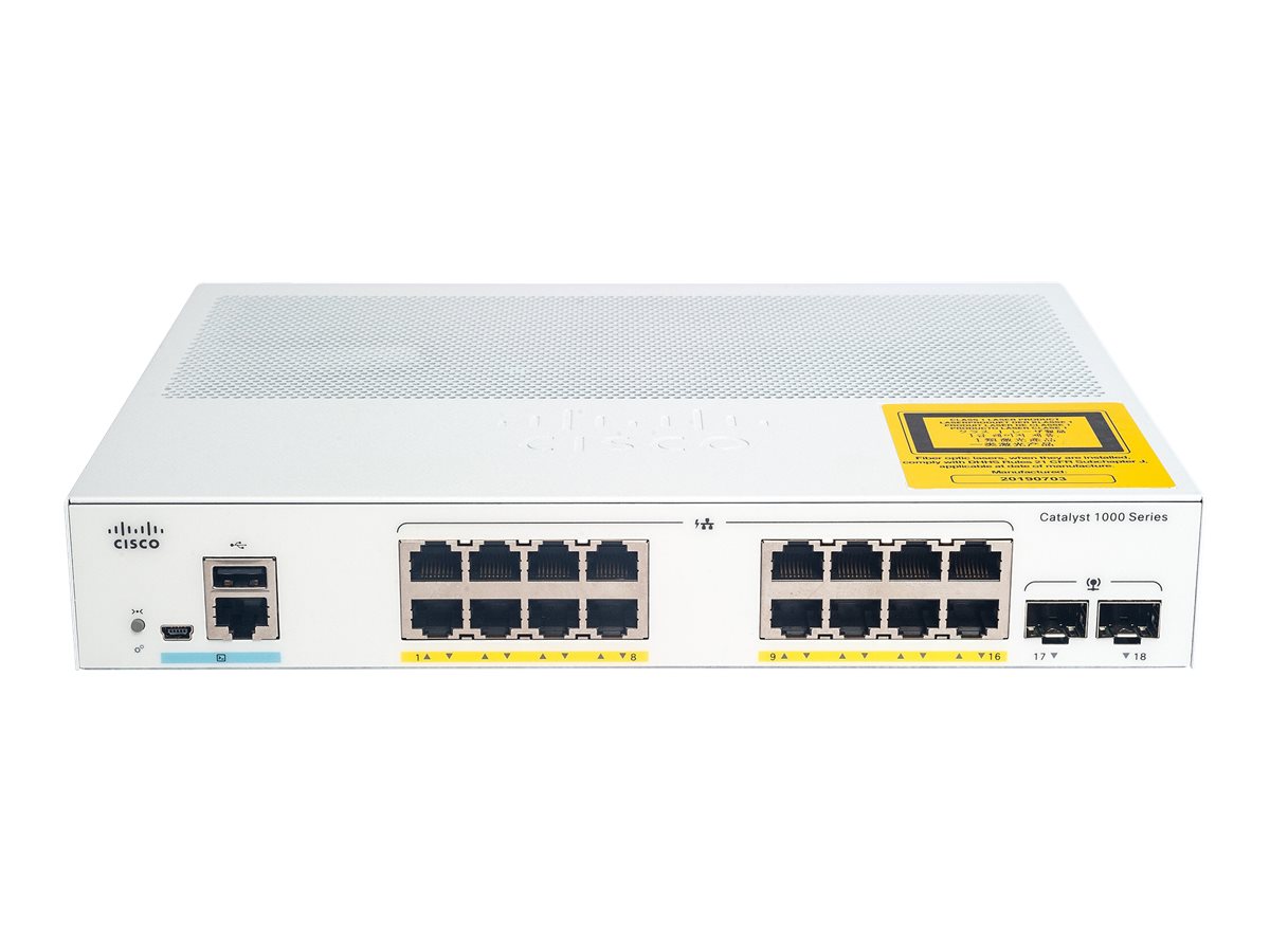 Cisco Catalyst 1000-16P-2G-L - Commutateur - Géré - 16 x 10/100/1000 (PoE+) + 2 x Gigabit SFP (liaison montante) - Montable sur rack - PoE+ (120 W) - C1000-16P-2G-L - Concentrateurs et commutateurs gigabit