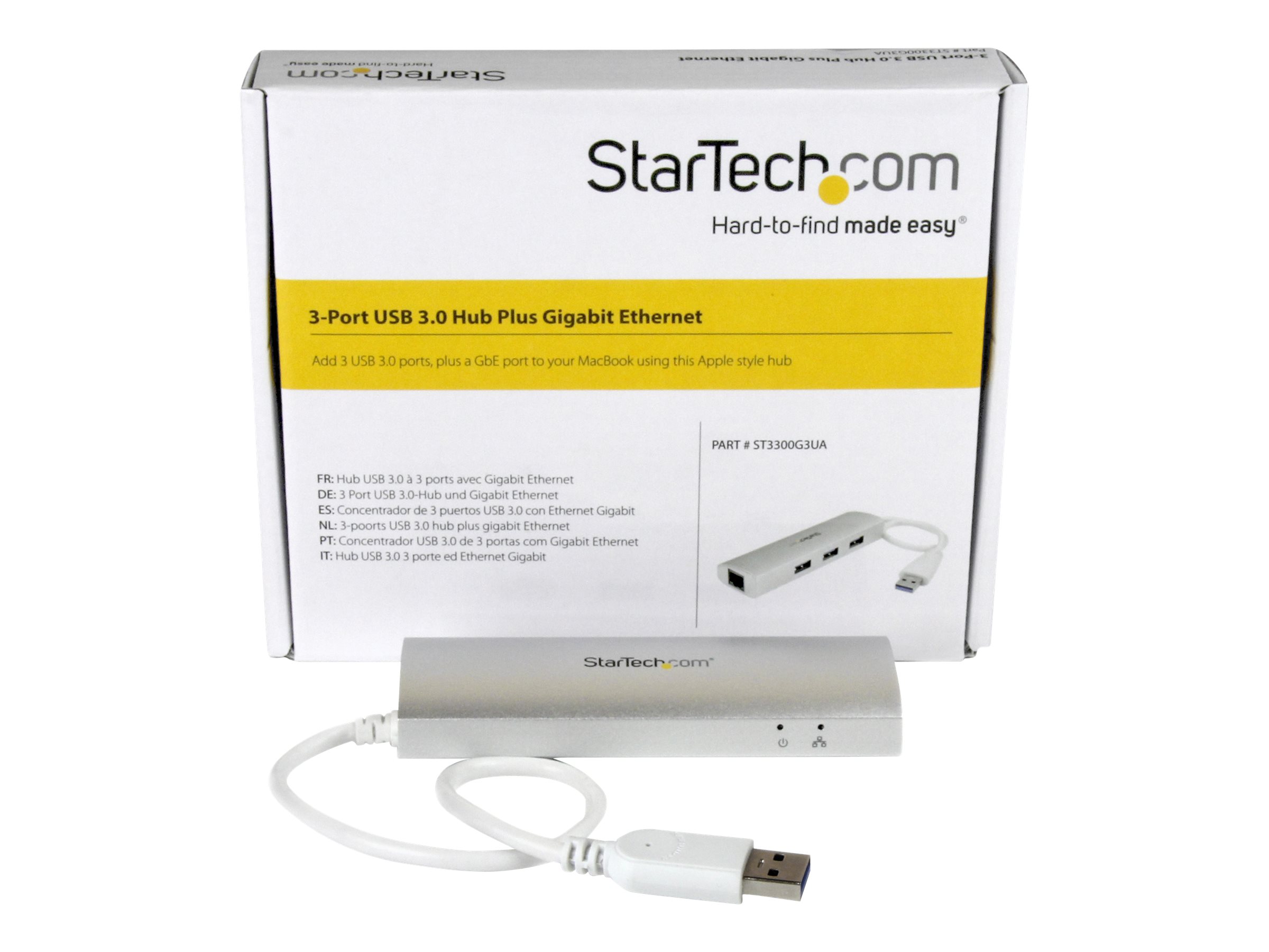 StarTech.com Hub USB 3.0 portable à 3 ports avec Gigabit Ethernet - Concentrateur USB 3.0 GbE avec boîtier en aluminium et câble intégré - Concentrateur (hub) - 3 x SuperSpeed USB 3.0 + 1 x 10/100/1000 - ST3300G3UA - Concentrateurs USB