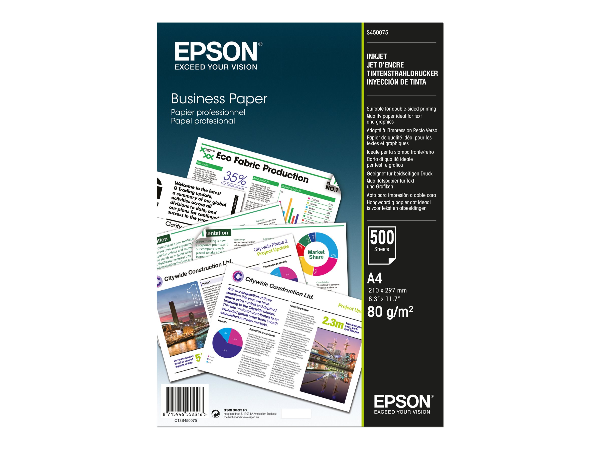 Epson Business Paper - A4 (210 x 297 mm) - 80 g/m² - 500 feuille(s) papier uni - pour EcoTank ET-2850, 2851, 2856, 4850, L6460, L6490; WorkForce Pro RIPS WF-C879, WF-C5790 - C13S450075 - Papier bureau
