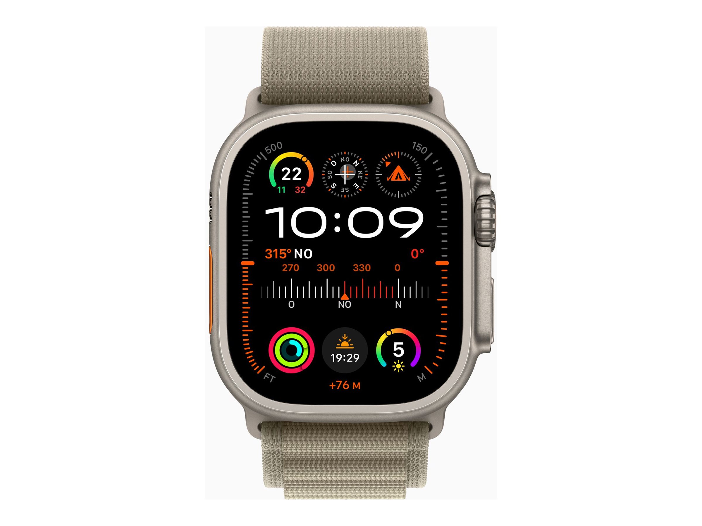 Apple Watch Ultra 2 - 49 mm - titane - montre intelligente avec Boucle Alpine - textile - olive - taille du bracelet : L - 64 Go - LTE, Wi-Fi, Bluetooth, UWB - 4G - 61.4 g - MRF03NF/A - Montres intelligentes