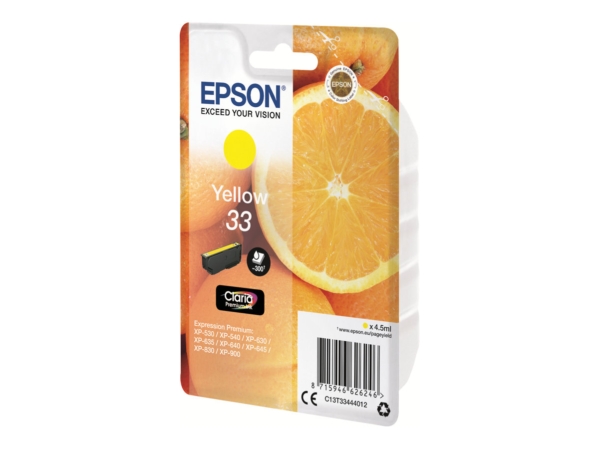 Epson 33 - 4.5 ml - jaune - original - blister - cartouche d'encre - pour Expression Home XP-635, 830; Expression Premium XP-530, 540, 630, 635, 640, 645, 830, 900 - C13T33444012 - Cartouches d'imprimante