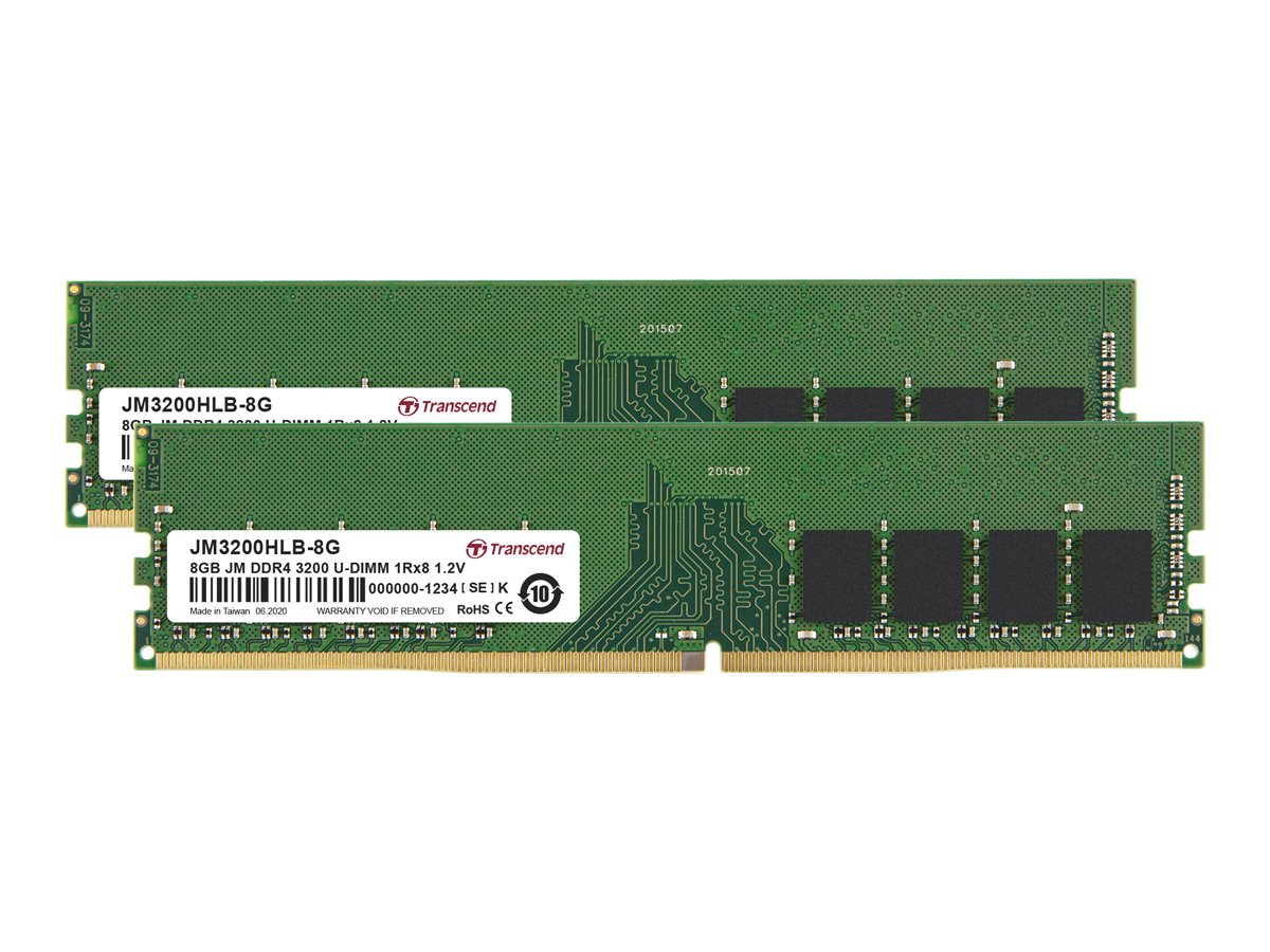 Transcend JetRAM - DDR4 - kit - 16 Go: 2 x 8 Go - DIMM 288 broches - 3200 MHz / PC4-25600 - CL22 - 1.2 V - mémoire sans tampon - non ECC - JM3200HLB-16GK - DDR4
