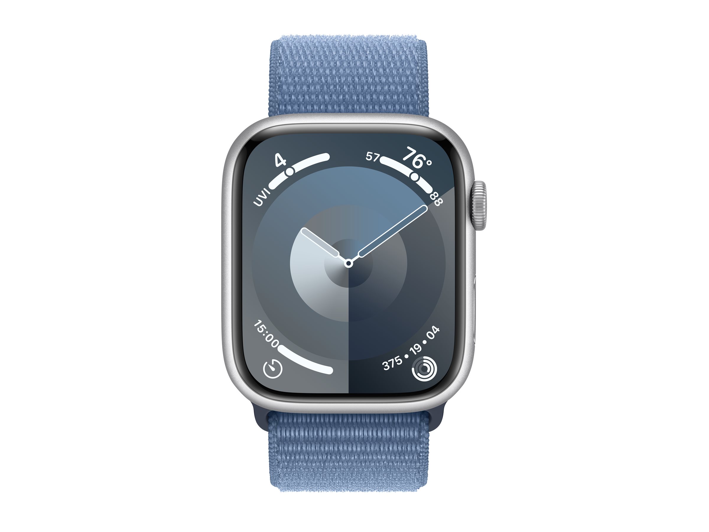 Apple Watch Series 9 (GPS) - 45 mm - aluminium argenté - montre intelligente avec boucle sport - deux couches de matières textiles tissées - bleu hiver - 64 Go - Wi-Fi, UWB, Bluetooth - 38.7 g - démo - 3M592F/A - Montres intelligentes