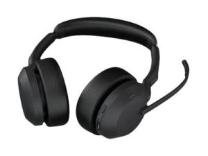 Jabra Evolve2 55 UC Stereo - Micro-casque - sur-oreille - Bluetooth - sans fil - Suppresseur de bruit actif - USB-C - noir - avec support de chargement - certifié Zoom, Cisco Webex Certified, Optimisé pour Microsoft Teams, Certifié Alcatel-Lucent, Certifié Avaya, Certifié Unify, Certifié MFi, Certifié Amazon Chime - 25599-989-889 - Écouteurs