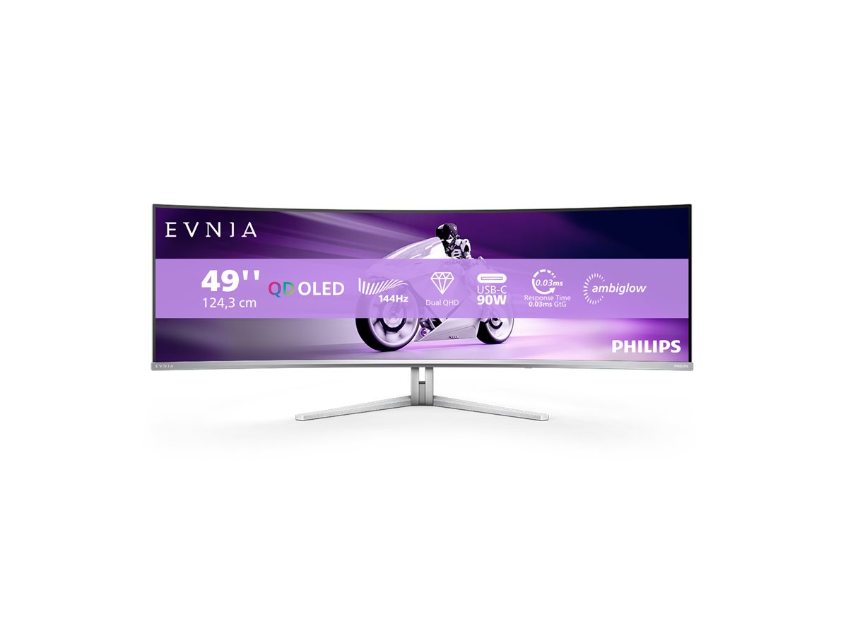 Philips Evnia 8000 49M2C8900L - Moniteur OLED - jeux - incurvé - 49" (48.9" visualisable) - 5120 x 1440 Dual Quad HD @ 144 Hz - 1000 cd/m² - 1000000:1 - DisplayHDR 400 True Black - 0.03 ms - 2xHDMI, DisplayPort, USB-C - haut-parleurs avec subwoofer - blanc - 49M2C8900L/00 - Écrans d'ordinateur