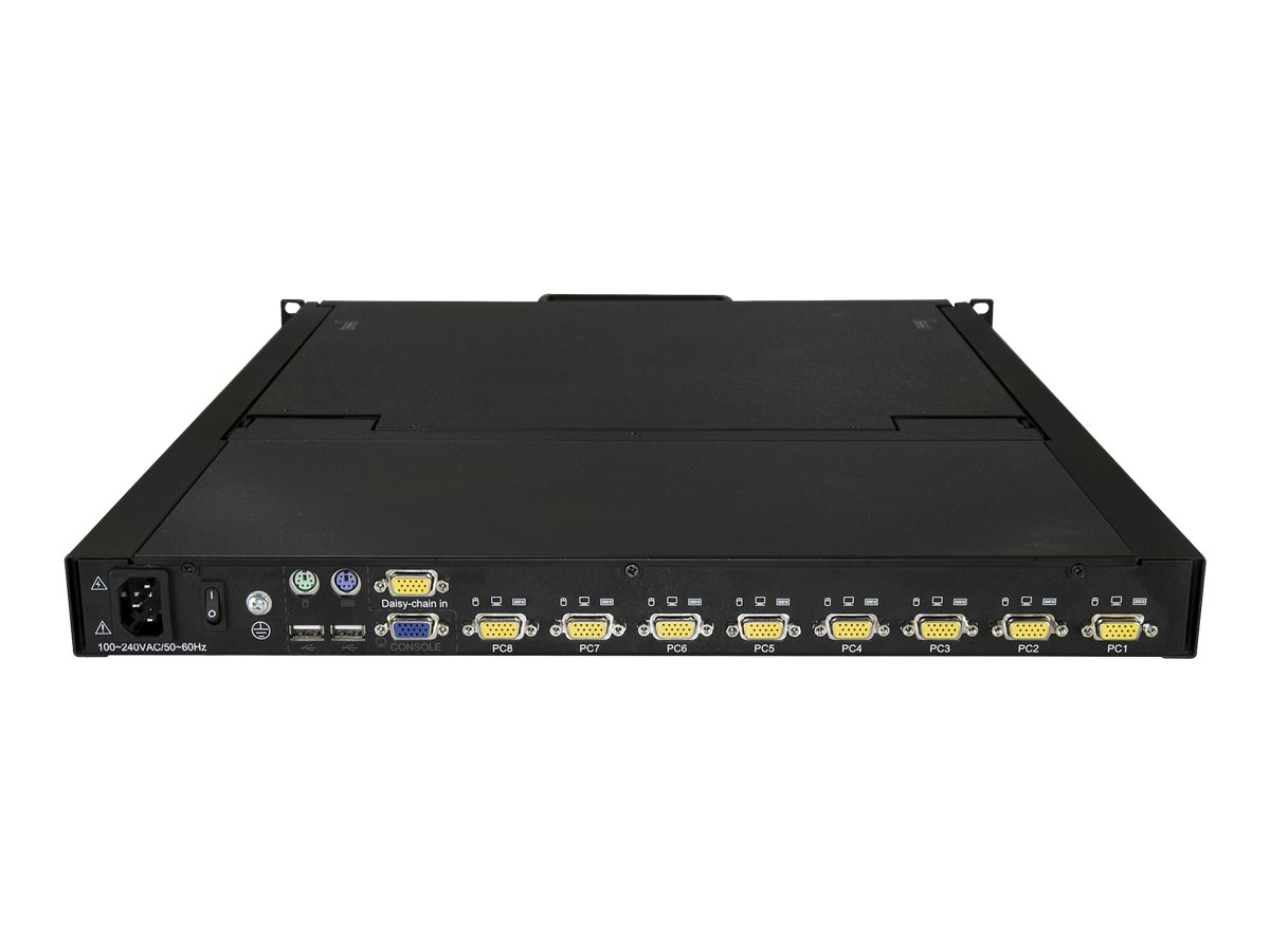 StarTech.com Console KVM à 8 ports à montage en rack pour rack de serveur - 19 pouces - 1U (RKCONS1908K) - Console KVM avec commutateur KVM - 8 ports - PS/2, USB - E.-U. - Anglais (QWERTY) - 19" - rack-montable - 1280 x 1024 - 250 cd/m² - 1000:1 - VGA - noir - 1U - RKCONS1908K - Console KVM