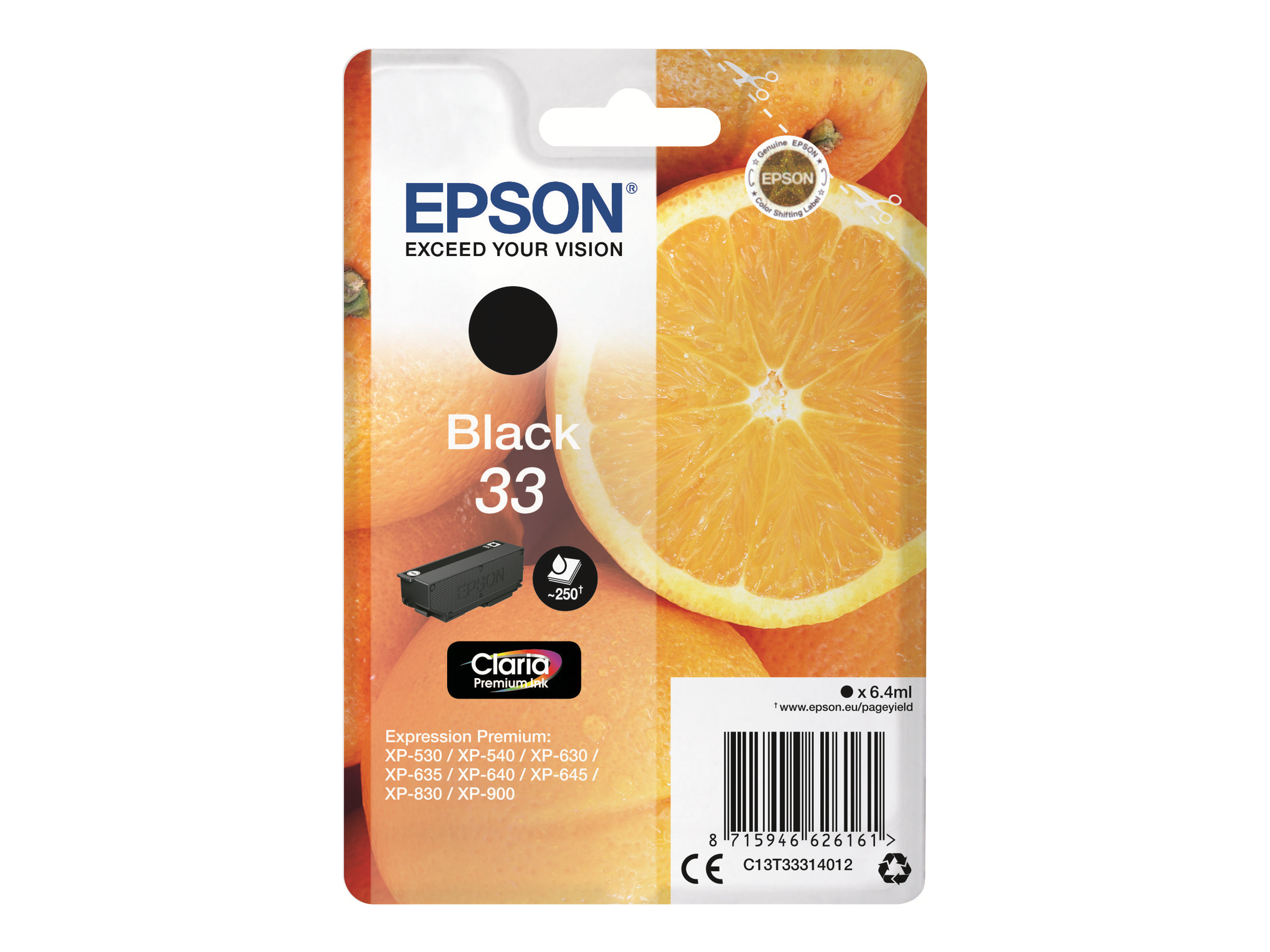 Epson 33 - 6.4 ml - noir - original - blister - cartouche d'encre - pour Expression Home XP-635, 830; Expression Premium XP-530, 540, 630, 635, 640, 645, 830, 900 - C13T33314012 - Cartouches d'encre Epson