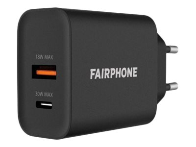 Fairphone - Adaptateur secteur - 30 Watt - 2 connecteurs de sortie (USB, 24 pin USB-C) - noir - Europe - ACCHAR-202-EU1 - Batteries et adaptateurs d'alimentation pour téléphone cellulaire