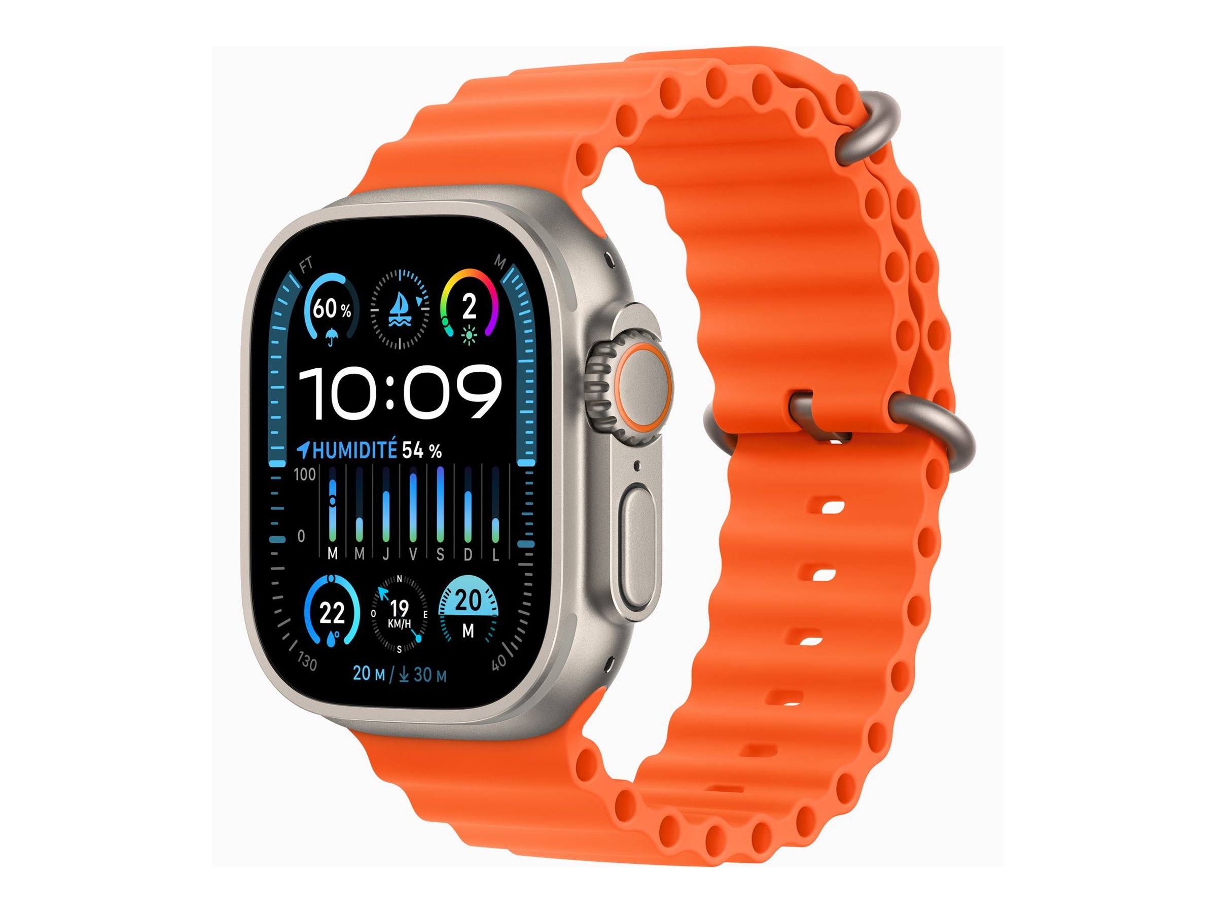 Apple Watch Ultra 2 - 49 mm - titane - montre intelligente avec Bracelet Océan - fluoroélastomère - de couleur orange - taille du poignet : 130-200 mm - 64 Go - Wi-Fi, LTE, UWB, Bluetooth - 4G - 61.4 g - MREH3NF/A - Montres intelligentes
