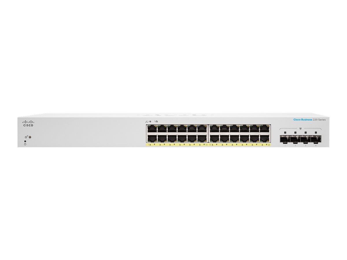 Cisco Business 220 Series CBS220-24FP-4G - Commutateur - intelligent - 24 x 10/100/1000 (PoE+) + 4 x Gigabit SFP (liaison montante) - Montable sur rack - PoE+ (382 W) - CBS220-24FP-4G-EU - Concentrateurs et commutateurs gigabit