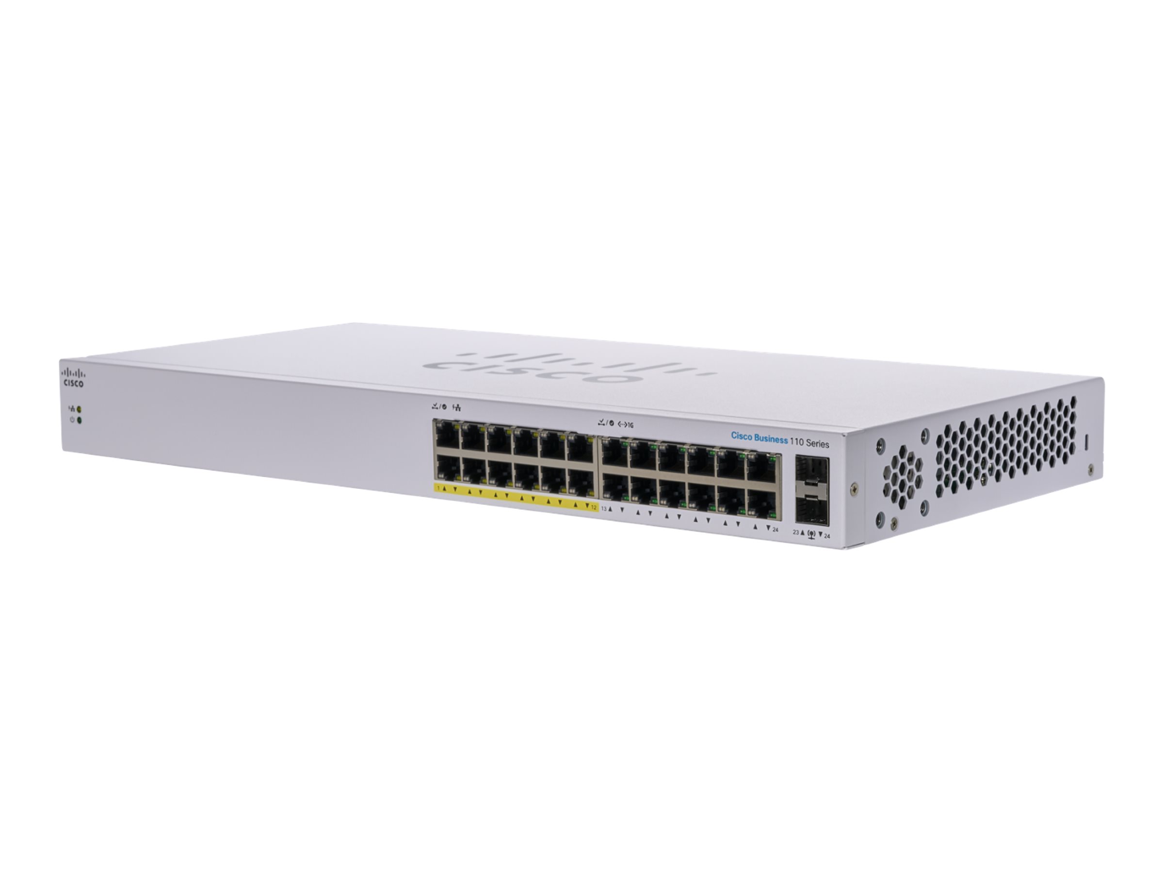 Cisco Business 110 Series 110-24PP - Commutateur - non géré - 12 x 10/100/1000 (PoE) + 12 x 10/100/1000 + 2 x SFP Gigabit combiné - de bureau, Montable sur rack, fixation murale - PoE (100 W) - CBS110-24PP-EU - Concentrateurs et commutateurs gigabit