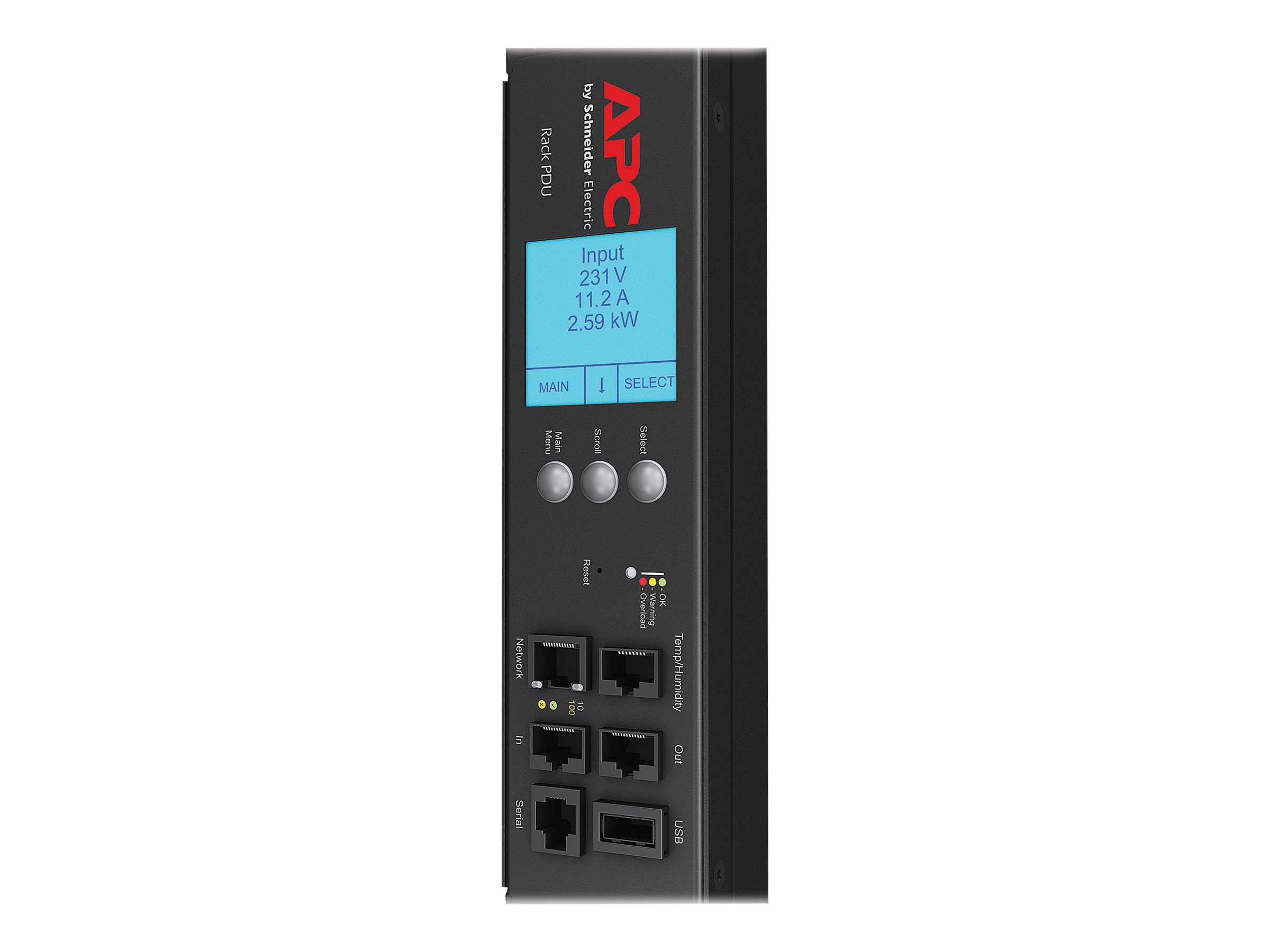 PDU en rack avec compteur APC - Unité de distribution d'alimentation (rack-montable) - CA 200/208/230 V - RS-232 - entrée : IEC 60320 C20 - connecteurs de sortie : 20 (power IEC 60320 C13, IEC 60320 C19) - noir - pour P/N: AR3106SP, SMX1000C, SMX1500RM2UC, SMX1500RM2UCNC, SMX750C, SMX750CNC, SRT5KRMXLW-TW - AP8858 - Parasurtenseurs et PDU