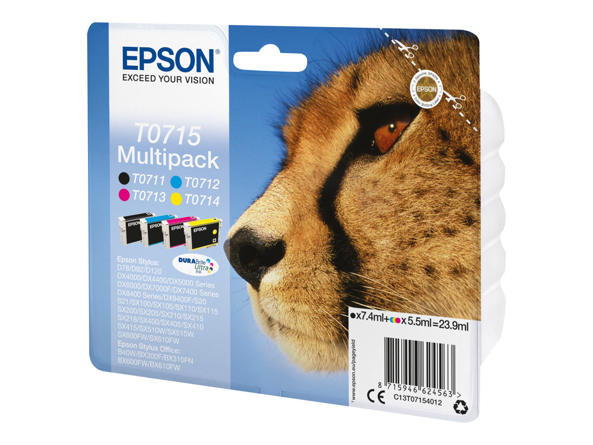 Epson T0715 Multipack - Pack de 4 - 23.9 ml - noir, jaune, cyan, magenta - original - cartouche d'encre - pour Stylus DX9400, SX115, SX210, SX215, SX218, SX415, SX515, SX610; Stylus Office BX310, BX610 - C13T07154012 - Cartouches d'imprimante