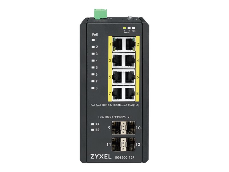 Zyxel RGS200-12P - Commutateur - Géré - 8 x 10/100/1000 (PoE+) + 4 x SFP - Montable sur rack, Montage sur rail DIN - PoE+ (240 W) - Tension CC - RGS200-12P-ZZ0101F - Concentrateurs et commutateurs gigabit