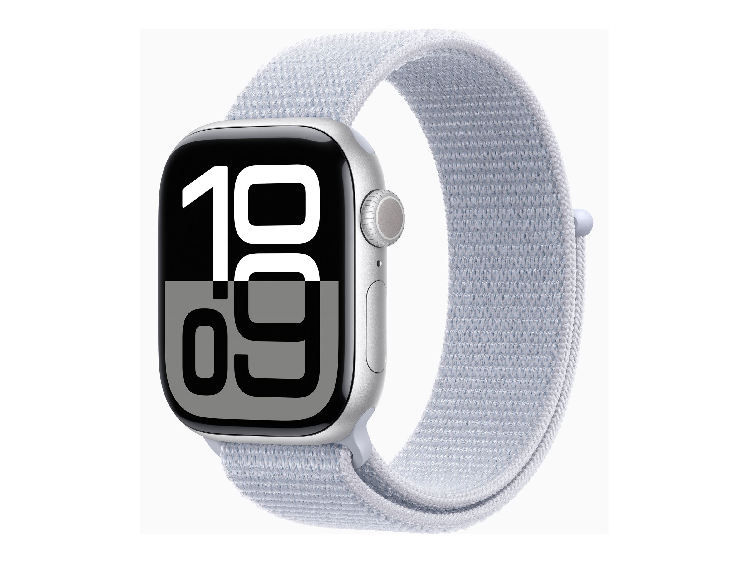 Apple Watch Series 10 (GPS + Cellular) - 42 mm - aluminium argenté - montre intelligente avec boucle sport - deux couches de matières textiles tissées - nuage bleu - taille du poignet : 130-200 mm - 64 Go - LTE, Wi-Fi 4, UWB, Bluetooth - 4G - 29.3 g - MWX53QF/A - Montres intelligentes