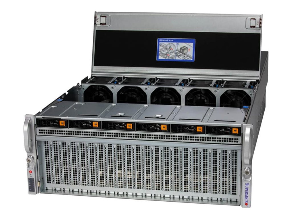 Supermicro GPU SuperServer 421GU-TNXR - Serveur - Montable sur rack - 4U - pas de processeur jusqu'à - RAM 0 Go - SATA/NVMe - hot-swap 2.5" baie(s) - aucun disque dur - Gigabit Ethernet, 10 Gigabit Ethernet, 5 Gigabit Ethernet, 2.5 Gigabit Ethernet - moniteur : aucun - avant noir, corps argenté - SYS-421GU-TNXR - Serveurs rack