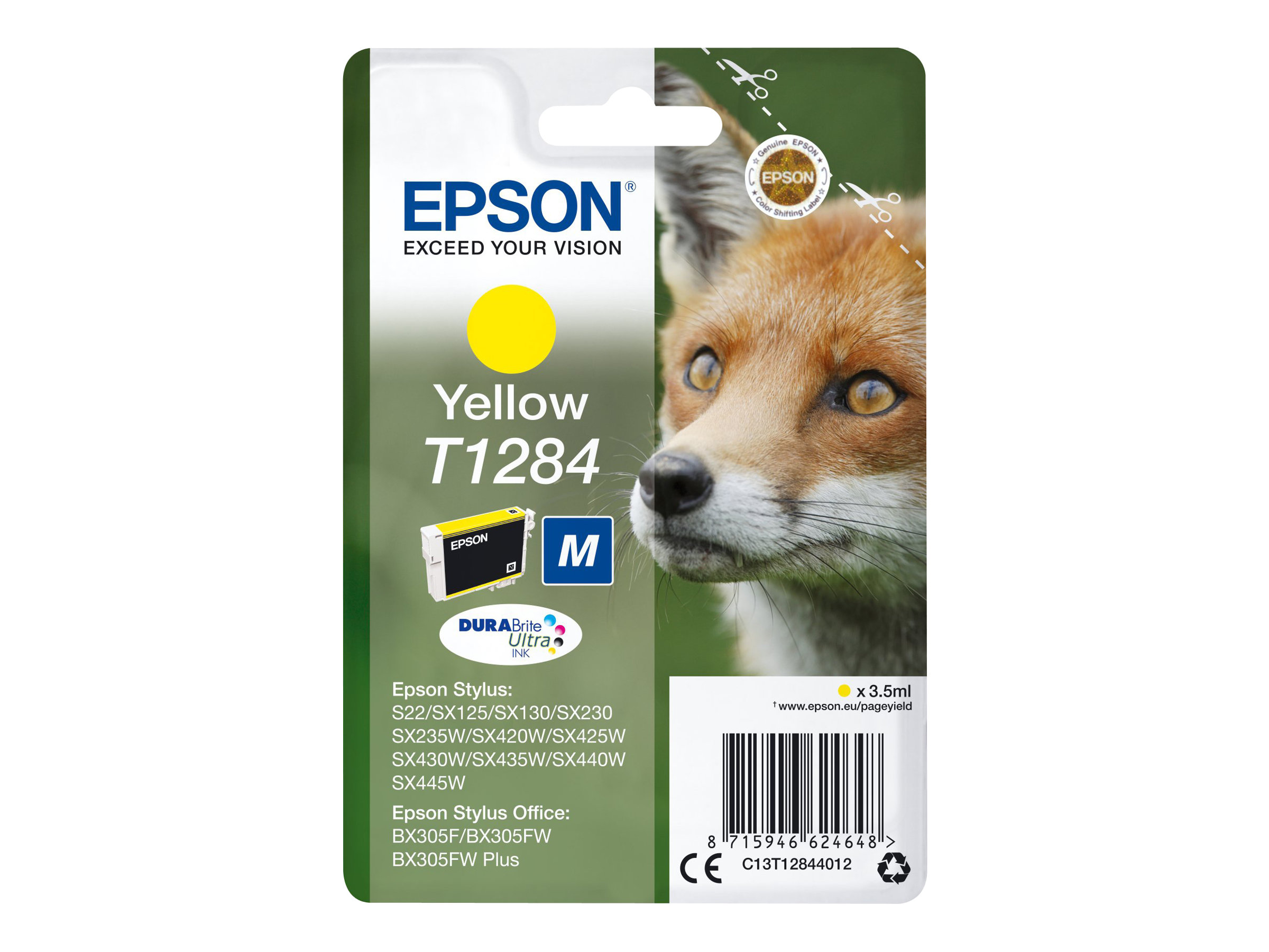 Epson T1284 - 3.5 ml - taille M - jaune - original - blister - cartouche d'encre - pour Stylus S22, SX130, SX230, SX235, SX430, SX435, SX438, SX440, SX445; Stylus Office BX305 - C13T12844012 - Cartouches d'imprimante