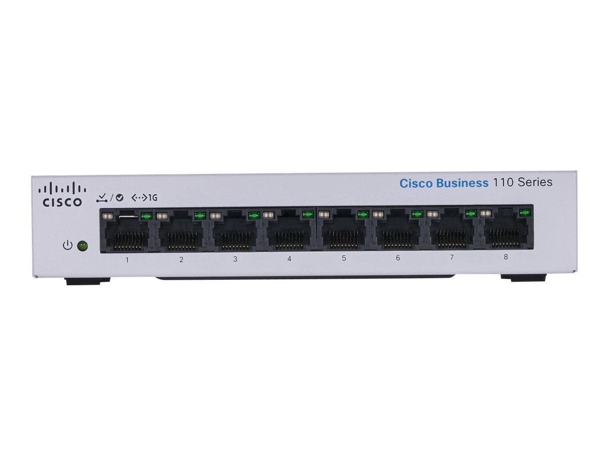 Cisco Business 110 Series 110-8T-D - Commutateur - non géré - 8 x 10/100/1000 - de bureau, Montable sur rack, fixation murale - Tension CC - CBS110-8T-D-EU - Concentrateurs et commutateurs gigabit