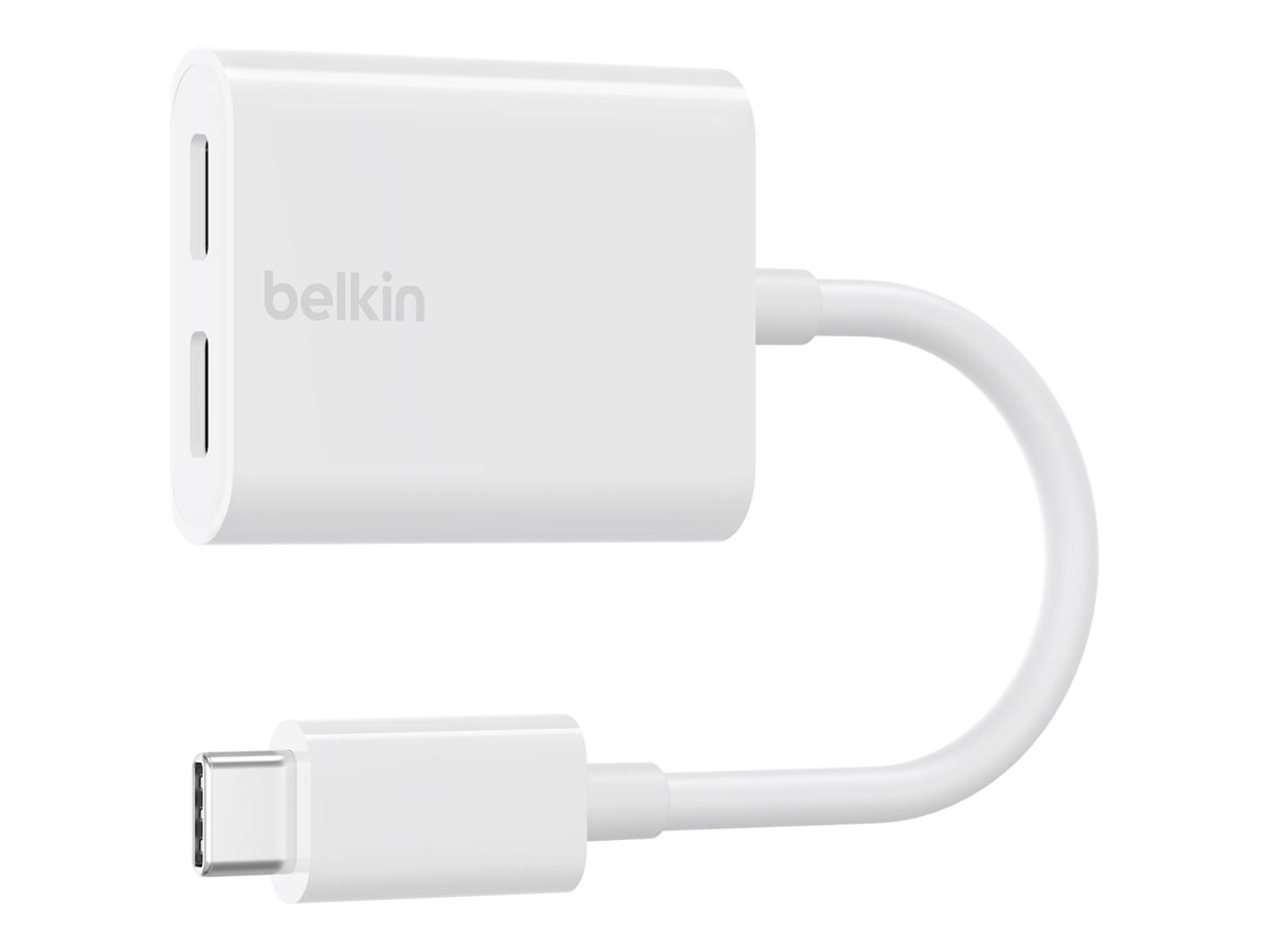 Belkin Connect Audio + Charge - Casque/adaptateur de charge USB-C vers USB-C - 24 pin USB-C mâle pour 24 pin USB-C femelle - 14 m - blanc - USB Power Delivery (60W) - F7U081BTWH - Accessoires pour systèmes audio domestiques