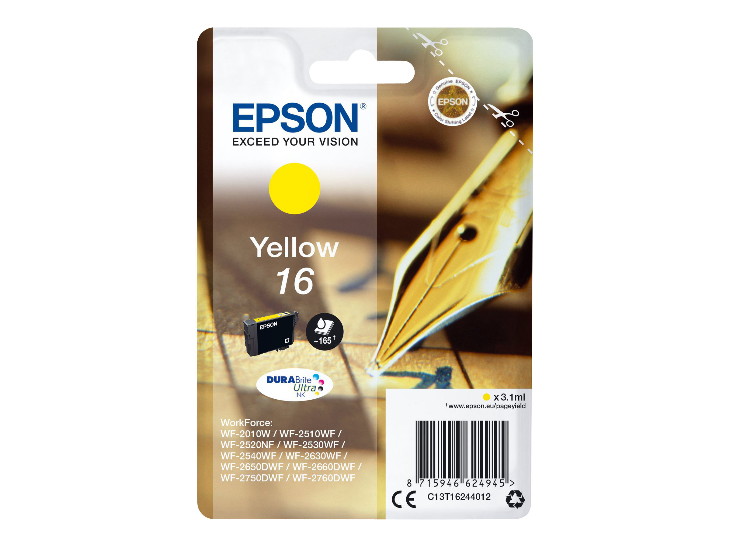 Epson 16 - 3.1 ml - jaune - original - emballage coque avec alarme radioélectrique - cartouche d'encre - pour WorkForce WF-2010, WF-2510, WF-2520, WF-2530, WF-2540, WF-2630, WF-2650, WF-2660, WF-2750 - C13T16244022 - Cartouches d'imprimante