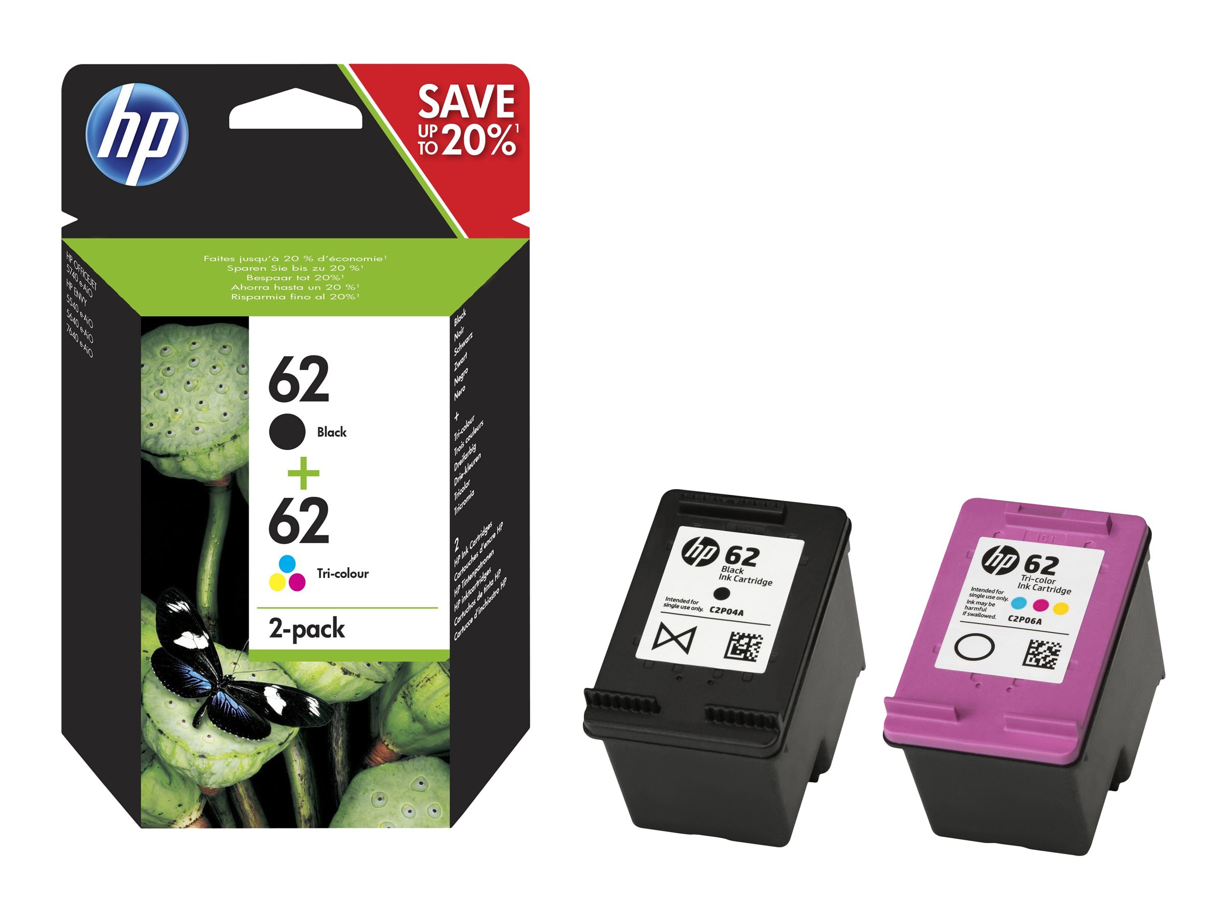 HP 62 - Pack de 2 - noir pigmenté, couleur (cyan, magenta, jaune) - original - noir, couleur (cyan, magenta, jaune) - cartouche d'encre - pour ENVY 55XX, 56XX, 76XX; Officejet 200, 250, 57XX, 8040 - N9J71AE - Cartouches d'imprimante