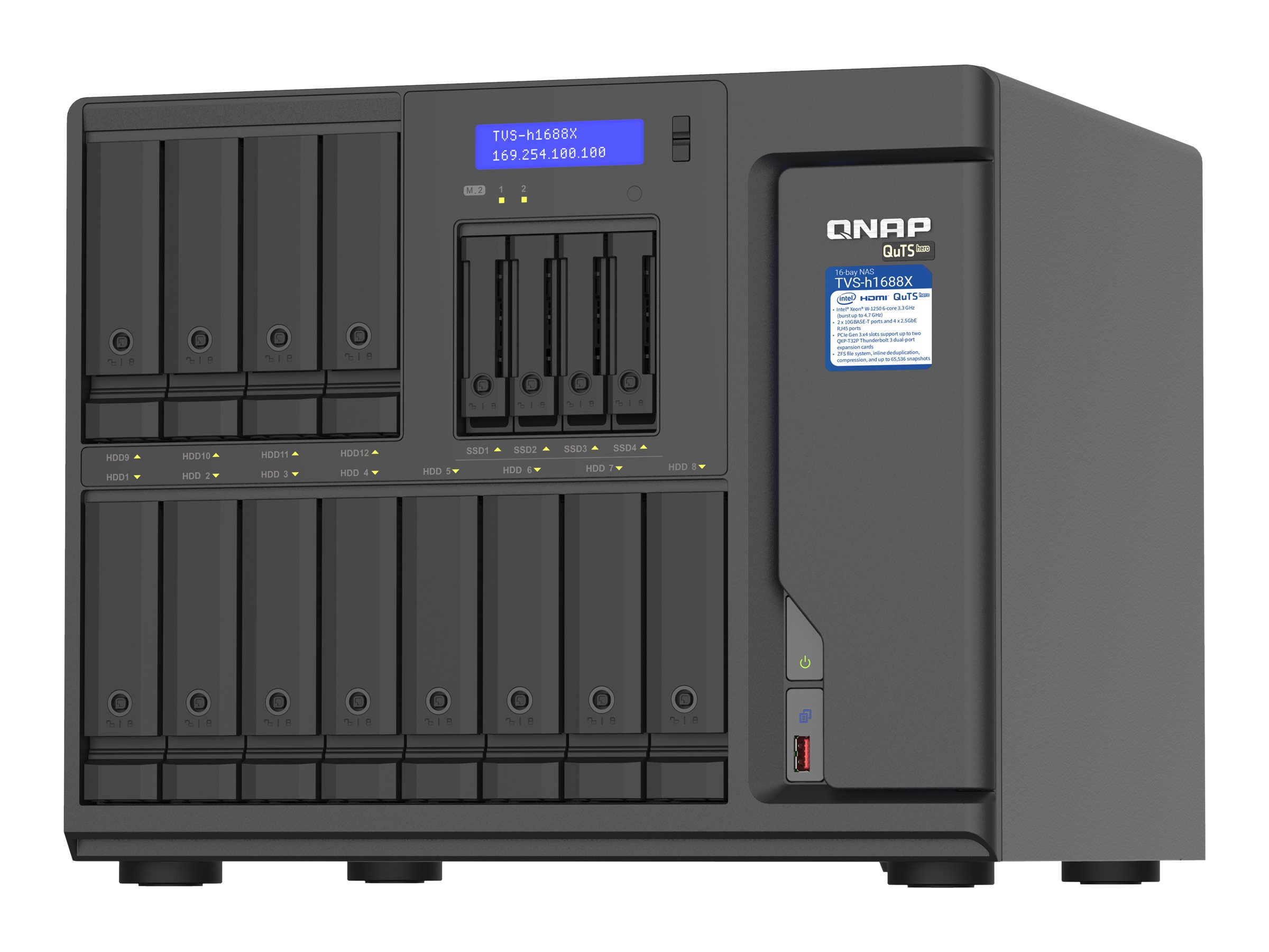 QNAP TVS-H1688X - Serveur NAS - 16 Baies - SATA 6Gb/s - RAID RAID 0, 1, 5, 6, 10, 50, JBOD, disque de réserve 5, 6 disques de secours, 60, disque de réserve 10, RAID TP - RAM 32 Go - Gigabit Ethernet / 2.5 Gigabit Ethernet / 10 Gigabit Ethernet - iSCSI support - TVS-H1688X-W1250-32G - NAS