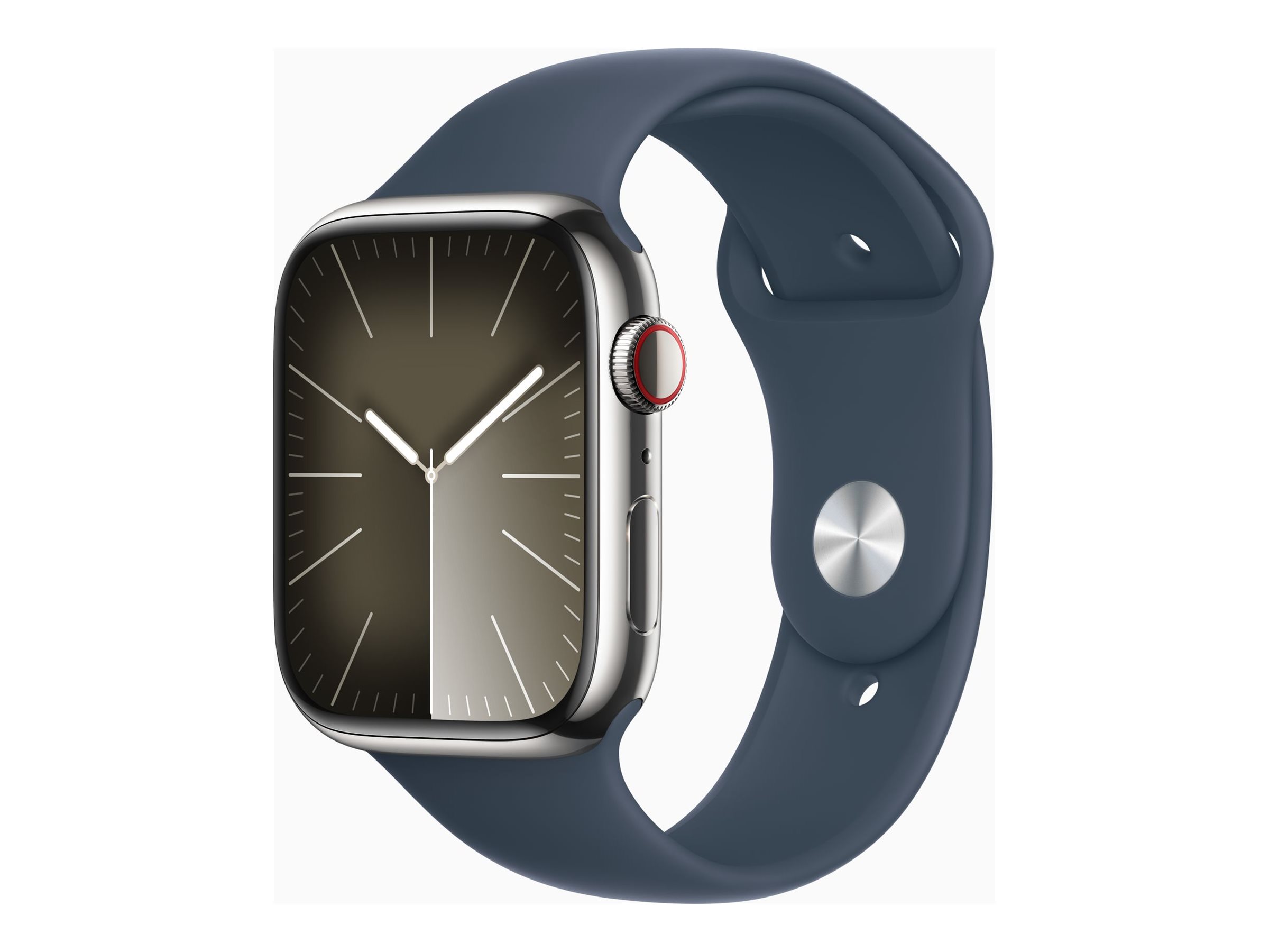 Apple Watch Series 9 (GPS + Cellular) - 45 mm - acier inoxydable argent - montre intelligente avec bande sport - fluoroélastomère - bleu orage - taille du bracelet : M/L - 64 Go - Wi-Fi, LTE, UWB, Bluetooth - 4G - 51.5 g - MRMP3QF/A - Montres intelligentes