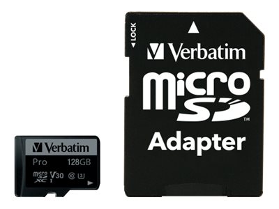 Verbatim PRO - Carte mémoire flash (adaptateur microSDXC vers SD inclus(e)) - 128 Go - Video Class V30 / UHS-I U3 / Class10 - 300x/600x - microSDXC UHS-I - 47044 - Cartes flash