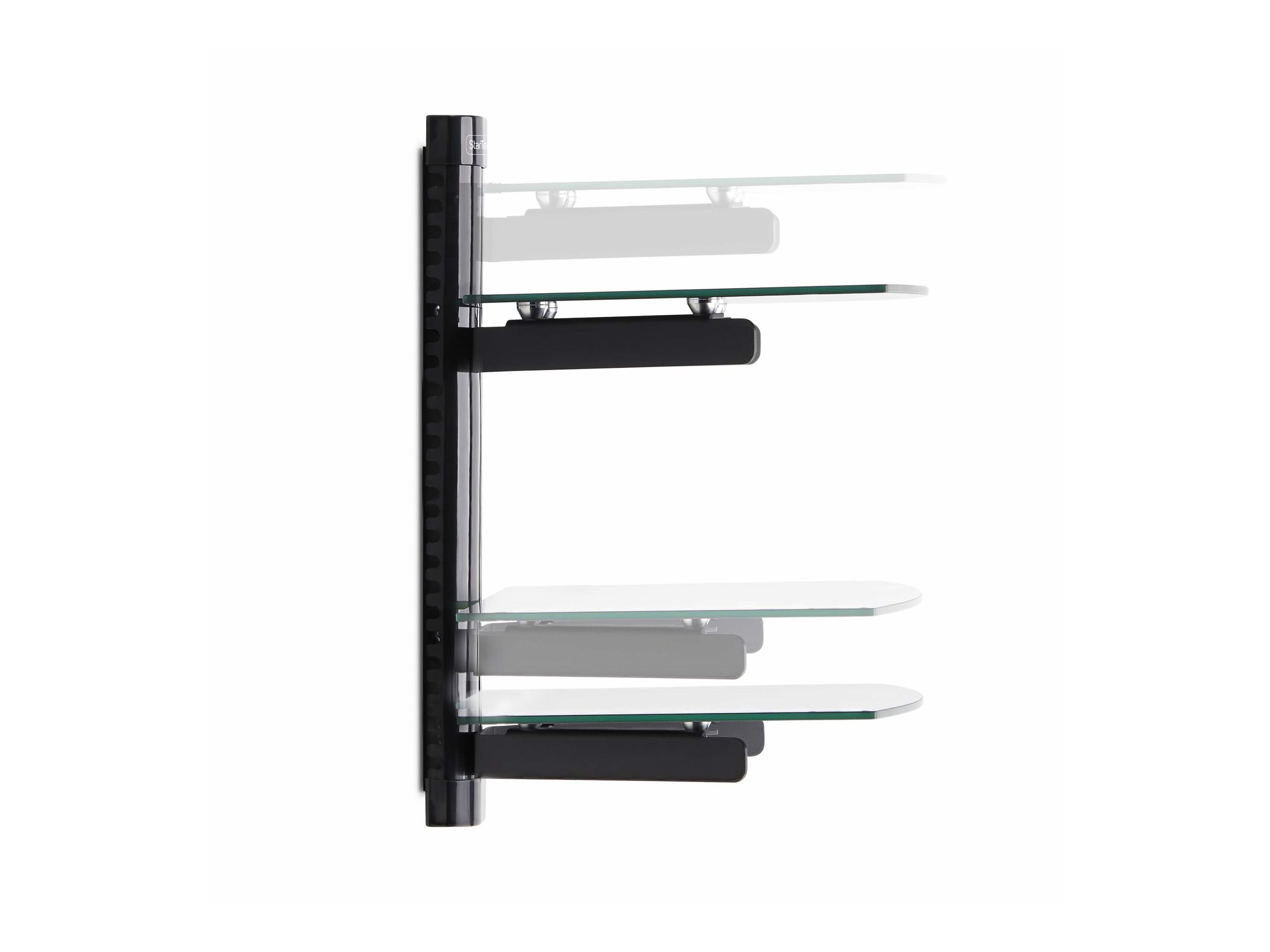 StarTech.com Dual Floating Wall-Mounted AV Shelves, Adjustable Height Shelf For Under TV, Organize A/V Equipment On Black Tempered Glass Shelves - Étagère - pour composants audio/vidéo - aluminium, acier, plastique - noir - montable sur mur - 2B-WALL-MOUNT-SHELF - Montages d'équipement audio et vidéo