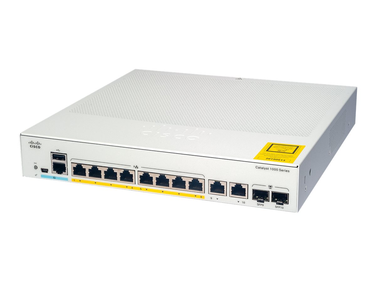 Cisco Catalyst 1000-8P-2G-L - Commutateur - Géré - 4 x 10/100/1000 (PoE+) + 4 x 10/100/1000 + 2 x SFP Gigabit combo (liaison montante) - Montable sur rack - PoE+ (67 W) - C1000-8P-2G-L - Concentrateurs et commutateurs gigabit