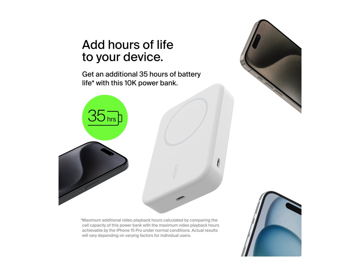 Belkin BoostCharge Pro - Banque d'alimentation sans fil - magnétique avec Qi2 - 10000 mAh - 15 Watt - Fast Charge, PD - 2 connecteurs de sortie (magnétique, 24 pin USB-C) - sur le câble : USB-C - blanc - pour Apple iPhone 12, 13, 15; Google Pixel 6, 7; Samsung Galaxy S22+, S23, S23+ - BPD008BTWH - Adaptateurs électriques et chargeurs