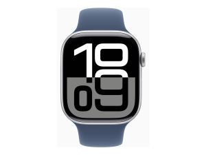 Apple Watch Series 10 (GPS) - 46 mm - aluminium argenté - montre intelligente avec bande sport - fluoroélastomère - denim - taille du bracelet : M/L - 64 Go - Wi-Fi 4, UWB, Bluetooth - 36.4 g - MWWM3QF/A - Montres intelligentes