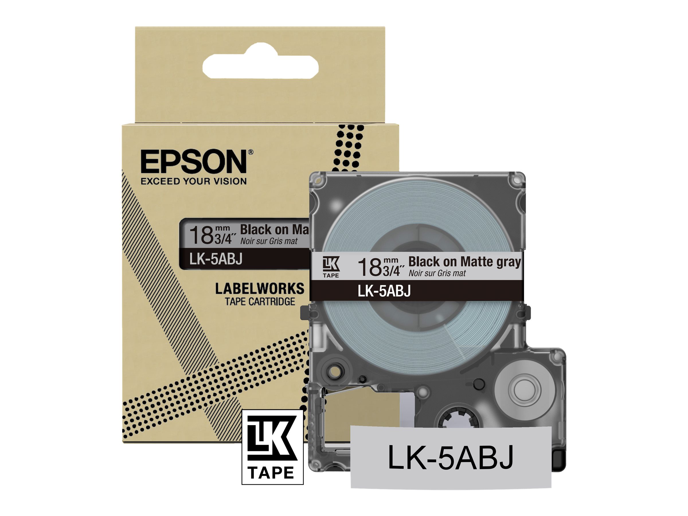 Epson LabelWorks LK-5ABJ - Mat - noir sur gris mat - rouleau (1,8 cm x 8 m) 1 cassette(s) boîte de suspension - ruban - pour LabelWorks LW-C410, LW-C610 - C53S672087 - Papier pour rouleau