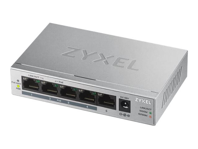 Zyxel GS1005HP - Commutateur - non géré - 4 x 10/100/1000 (PoE+) + 1 x 10/100/1000 - de bureau, fixation murale - PoE (60 W) - GS1005HP-EU0101F - Concentrateurs et commutateurs gigabit