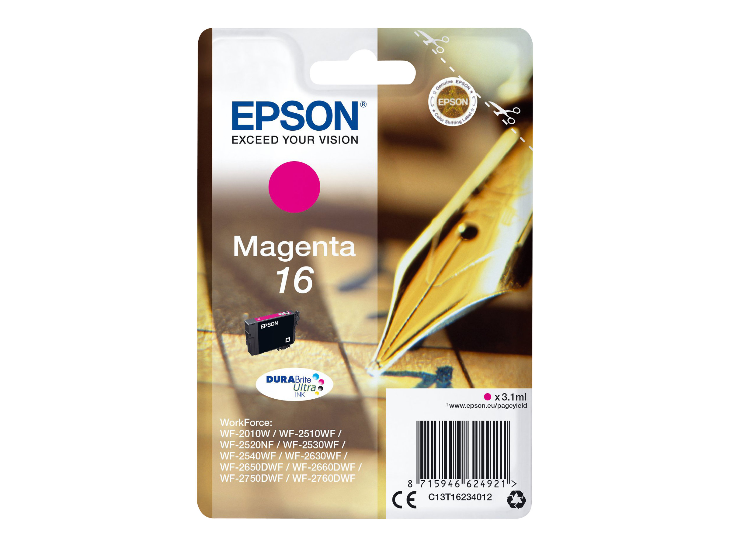 Epson 16 - 3.1 ml - magenta - original - emballage coque avec alarme radioélectrique/ acoustique - cartouche d'encre - pour WorkForce WF-2010, 2510, 2520, 2530, 2540, 2630, 2650, 2660, 2750, 2760 - C13T16234022 - Cartouches d'imprimante