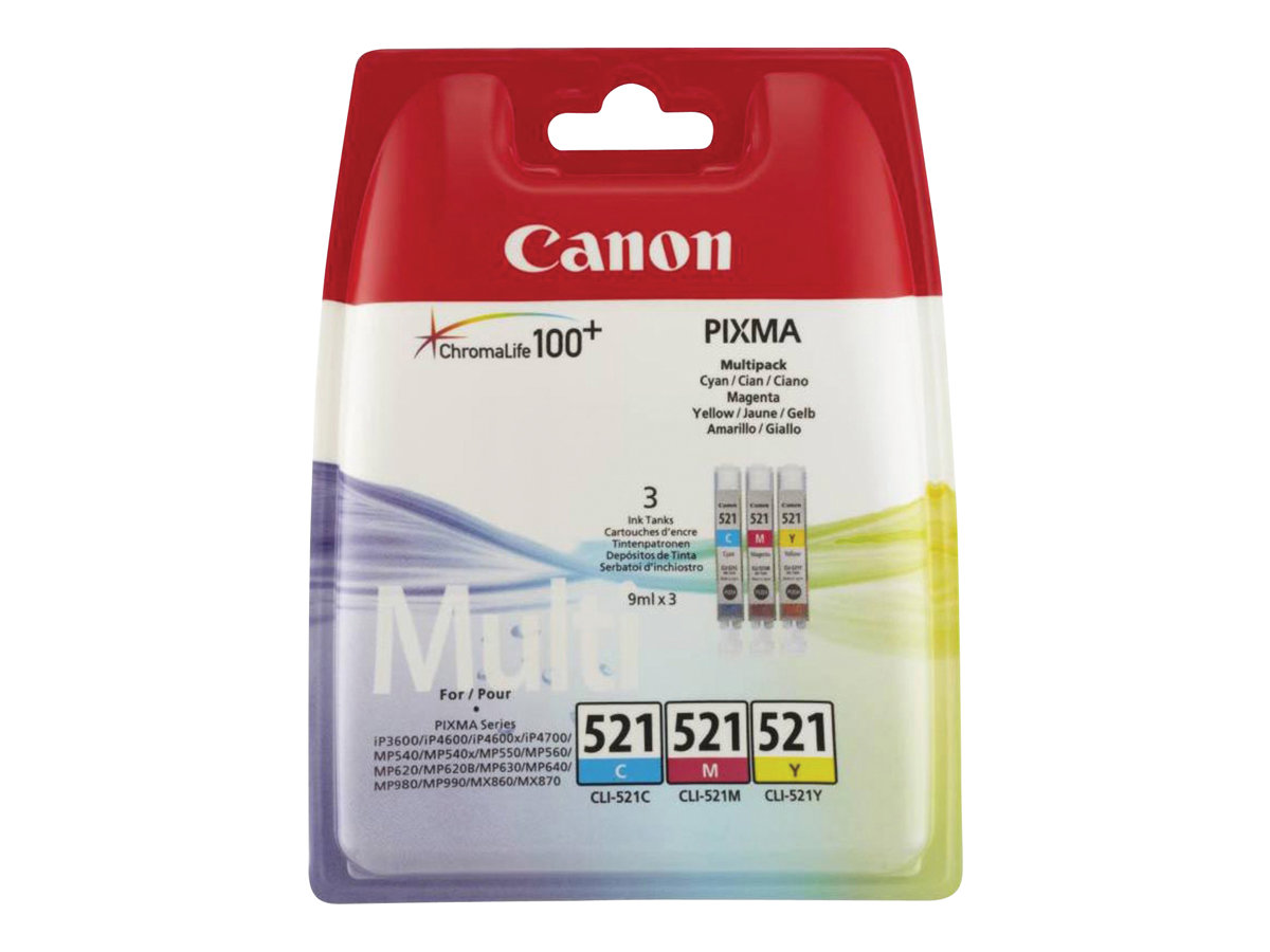 Canon CLI-521 Multipack - Pack de 3 - 9 ml - jaune, cyan, magenta - original - réservoir d'encre - pour PIXMA iP3600, iP4700, MP540, MP550, MP560, MP620, MP630, MP640, MP980, MP990, MX860, MX870 - 2934B010 - Cartouches d'encre Canon