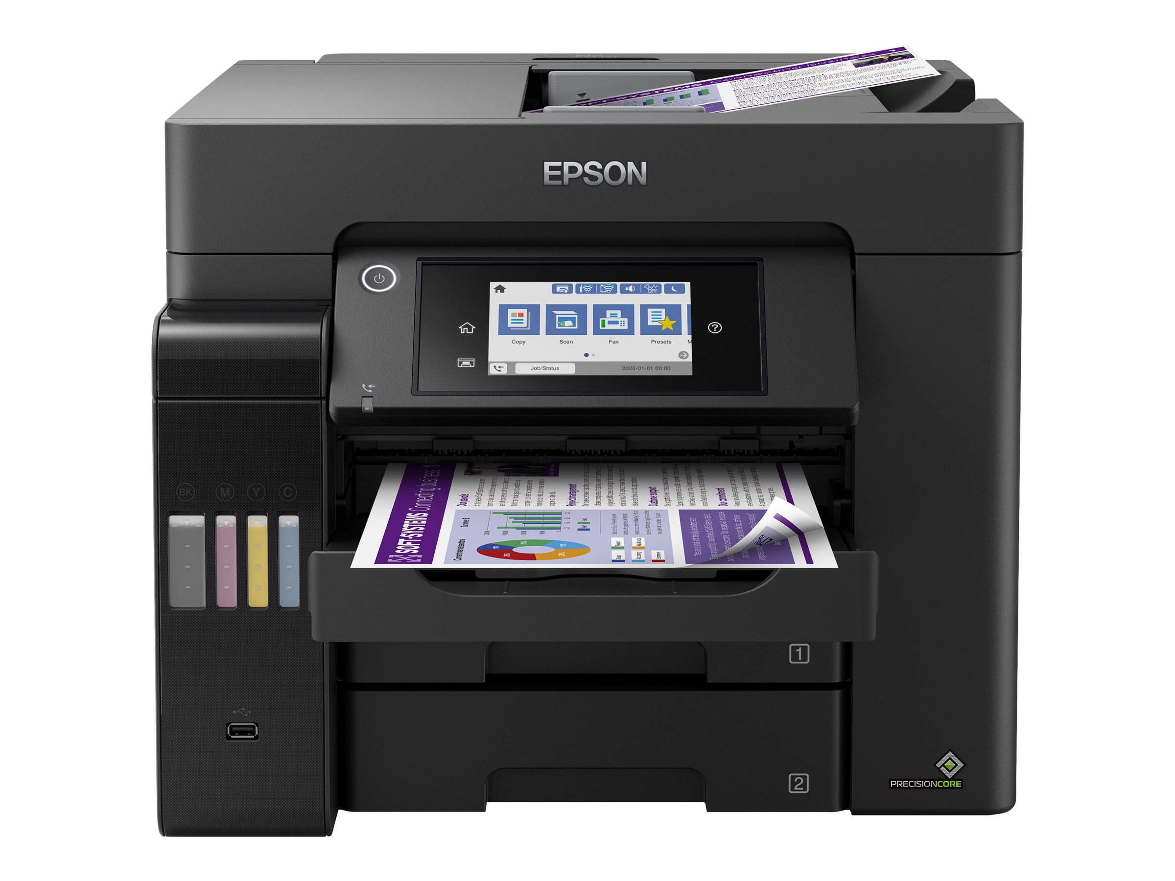 Epson EcoTank ET-5850 - Imprimante multifonctions - couleur - jet d'encre - A4 (210 x 297 mm) (original) - A4 (support) - jusqu'à 25 ppm (impression) - 550 feuilles - 33.6 Kbits/s - USB 2.0, LAN, Wi-Fi(ac) - noir - C11CJ29401 - Imprimantes multifonctions