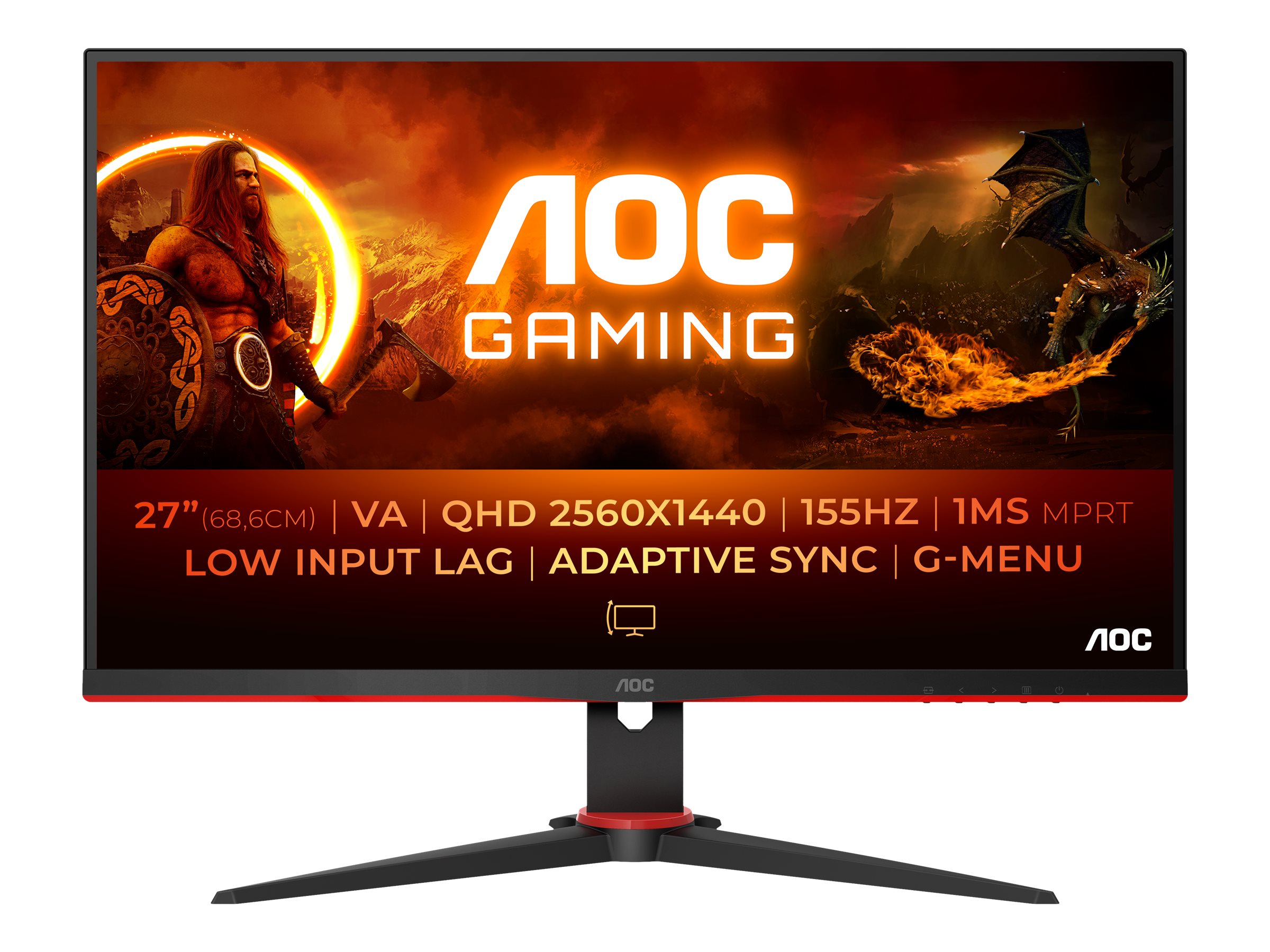 AOC Gaming Q27G2E/BK - G2 Series - écran LED - jeux - 27" - 2560 x 1440 QHD @ 155 Hz - VA - 250 cd/m² - 3000:1 - 1 ms - 2xHDMI, DisplayPort - noir, rouge - Q27G2E/BK - Écrans d'ordinateur
