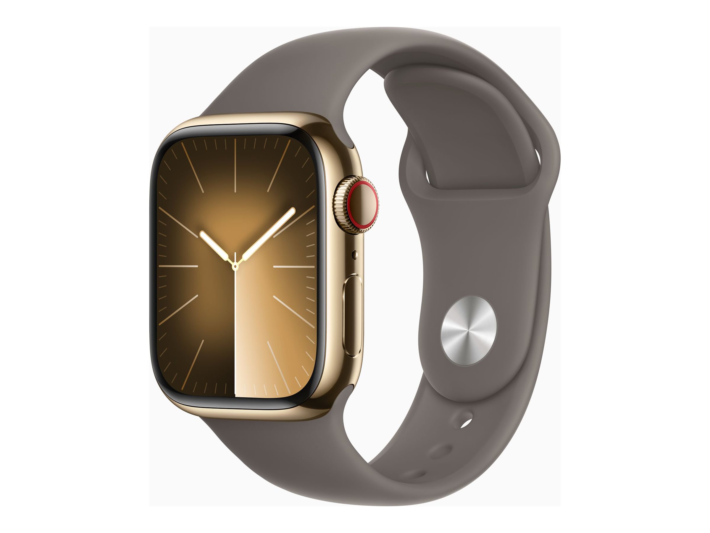Apple Watch Series 9 (GPS + Cellular) - 41 mm - acier inoxydable doré - montre intelligente avec bande sport - fluoroélastomère - argile - taille du bracelet : S/M - 64 Go - Wi-Fi, LTE, UWB, Bluetooth - 4G - 42.3 g - démo - 3M613F/A - Montres intelligentes