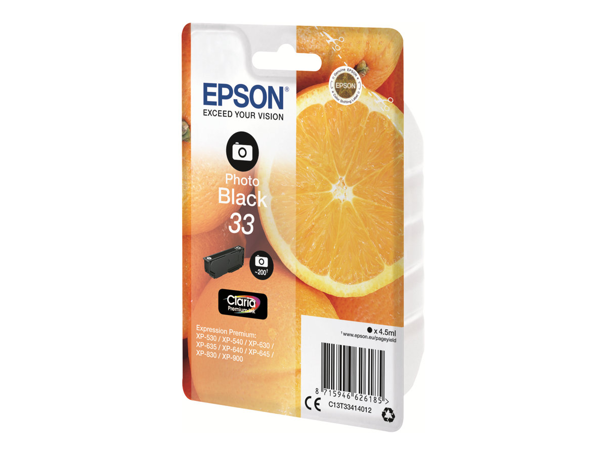 Epson 33 - 4.5 ml - photo noire - original - emballage coque avec alarme radioélectrique/ acoustique - cartouche d'encre - pour Expression Home XP-635, 830; Expression Premium XP-530, 540, 630, 635, 640, 645, 830, 900 - C13T33414022 - Cartouches d'imprimante