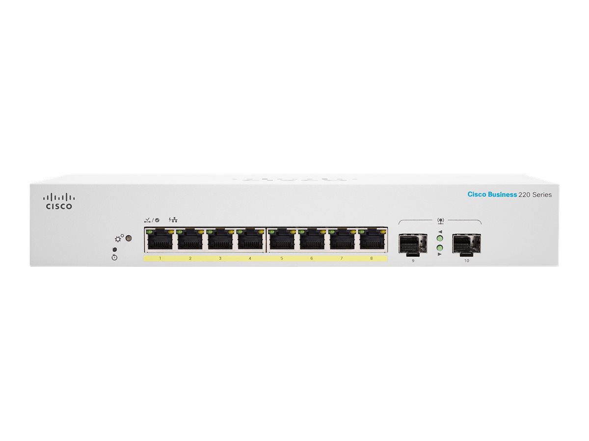 Cisco Business 220 Series CBS220-8FP-E-2G - Commutateur - intelligent - 8 x 10/100/1000 (PoE+) + 2 x Gigabit SFP (liaison montante) - Montable sur rack - PoE+ (130 W) - CBS220-8FP-E-2G-EU - Concentrateurs et commutateurs gigabit