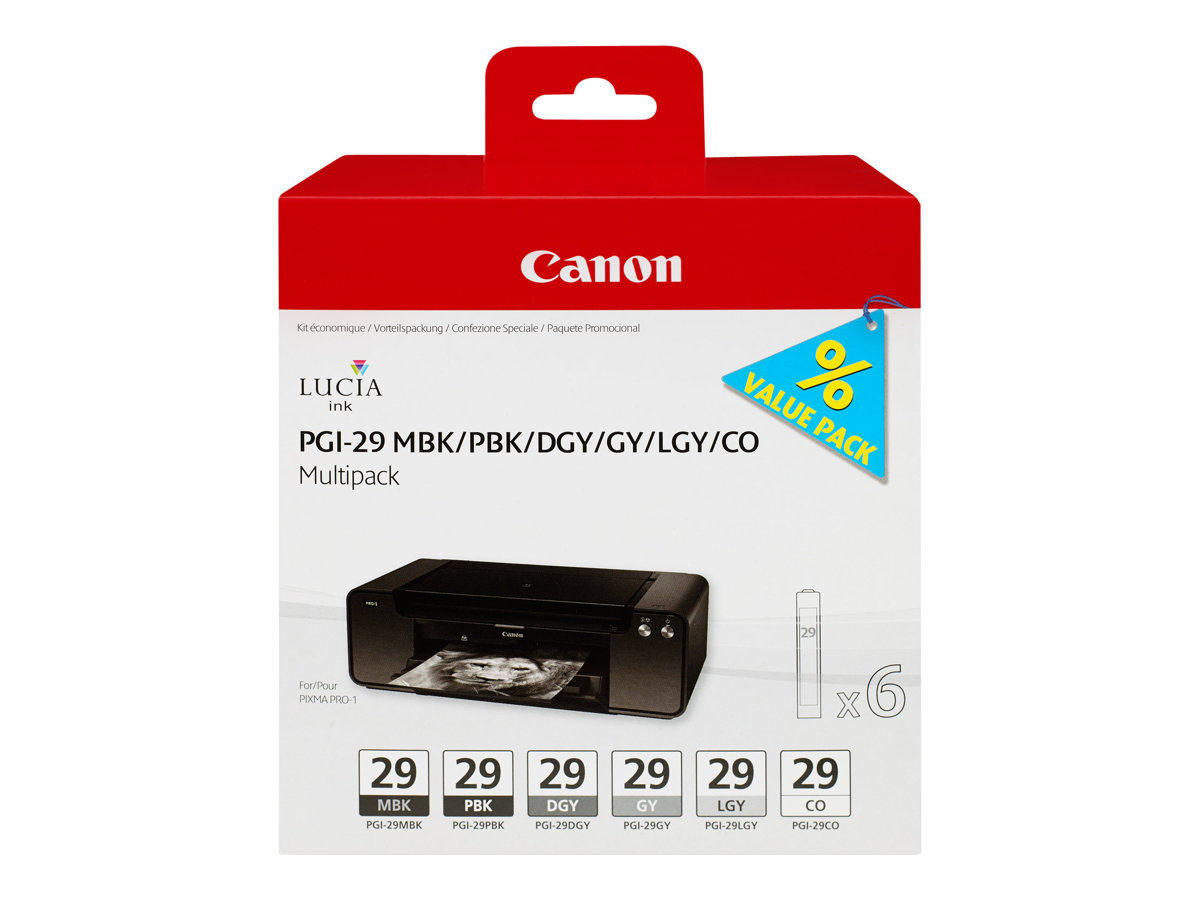 Canon PGI-29 MBK/PBK/DGY/GY/LGY/CO Multipack - Pack de 6 - 36 ml - gris, gris clair, gris foncé, noir mat, photo noire, optimiseur de couleurs - original - réservoir d'encre - pour PIXMA PRO-1 - 4868B018 - Cartouches d'encre Canon