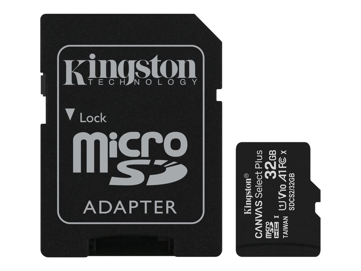 Kingston Canvas Select Plus - Carte mémoire flash (adaptateur microSDHC - SD inclus(e)) - 32 Go - A1 / Video Class V10 / UHS Class 1 / Class10 - microSDHC UHS-I - SDCS2/32GB - Cartes flash