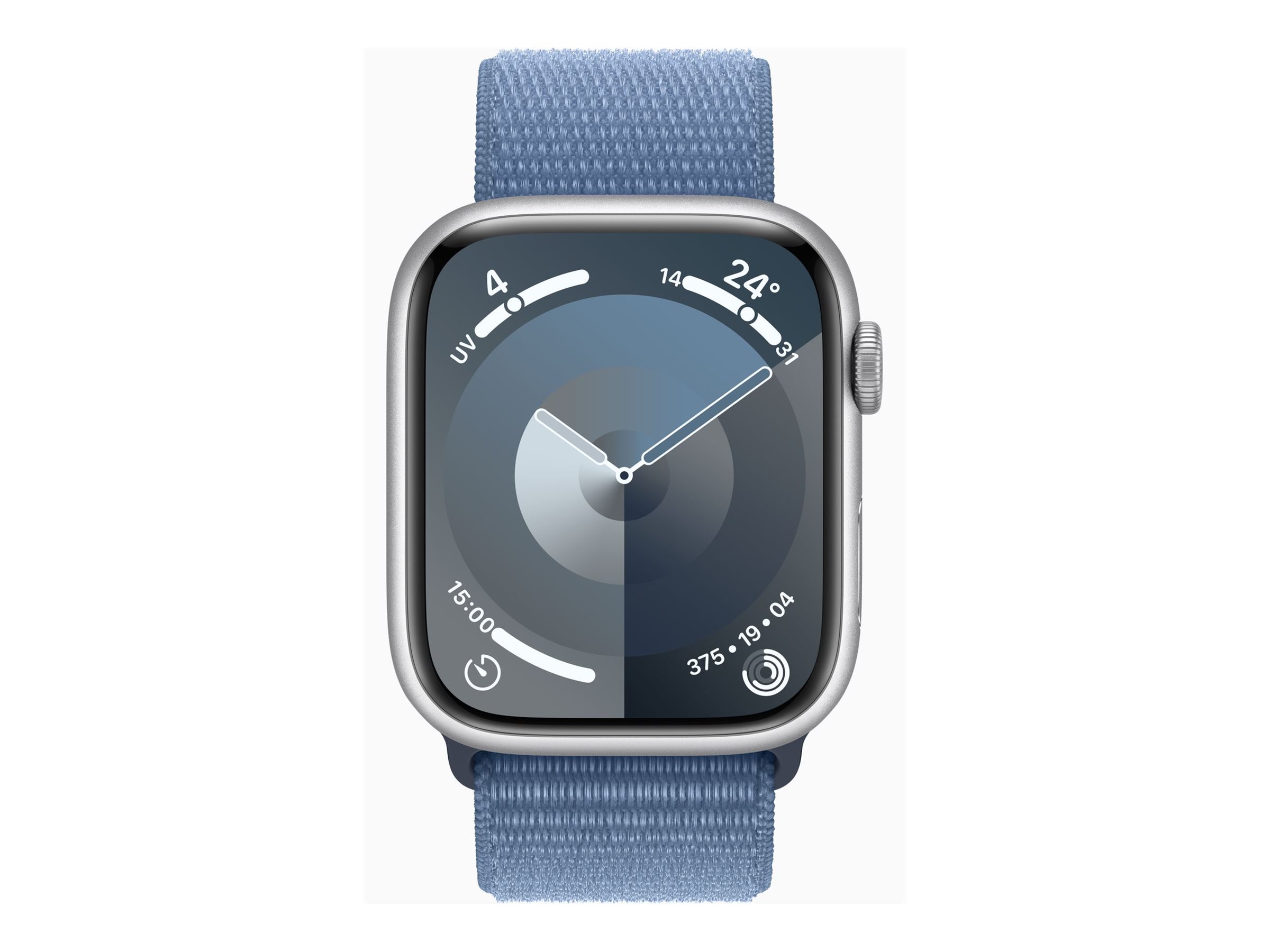 Apple Watch Series 9 (GPS) - 45 mm - aluminium argenté - montre intelligente avec boucle sport - deux couches de matières textiles tissées - bleu hiver - 64 Go - Wi-Fi, UWB, Bluetooth - 38.7 g - MR9F3QF/A - Montres intelligentes