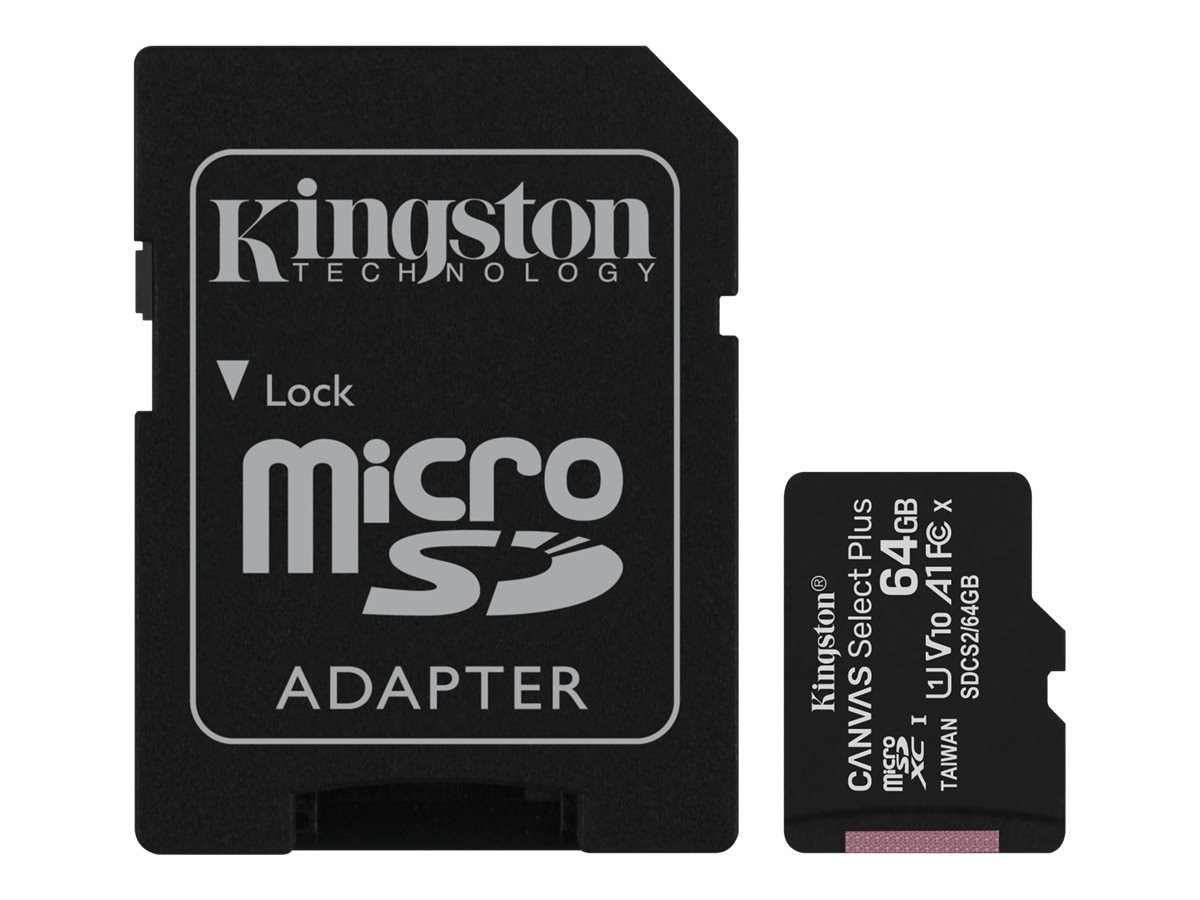 Kingston Canvas Select Plus - Carte mémoire flash (adaptateur microSDXC vers SD inclus(e)) - 64 Go - A1 / Video Class V10 / UHS Class 1 / Class10 - microSDXC UHS-I - SDCS2/64GB - Cartes flash
