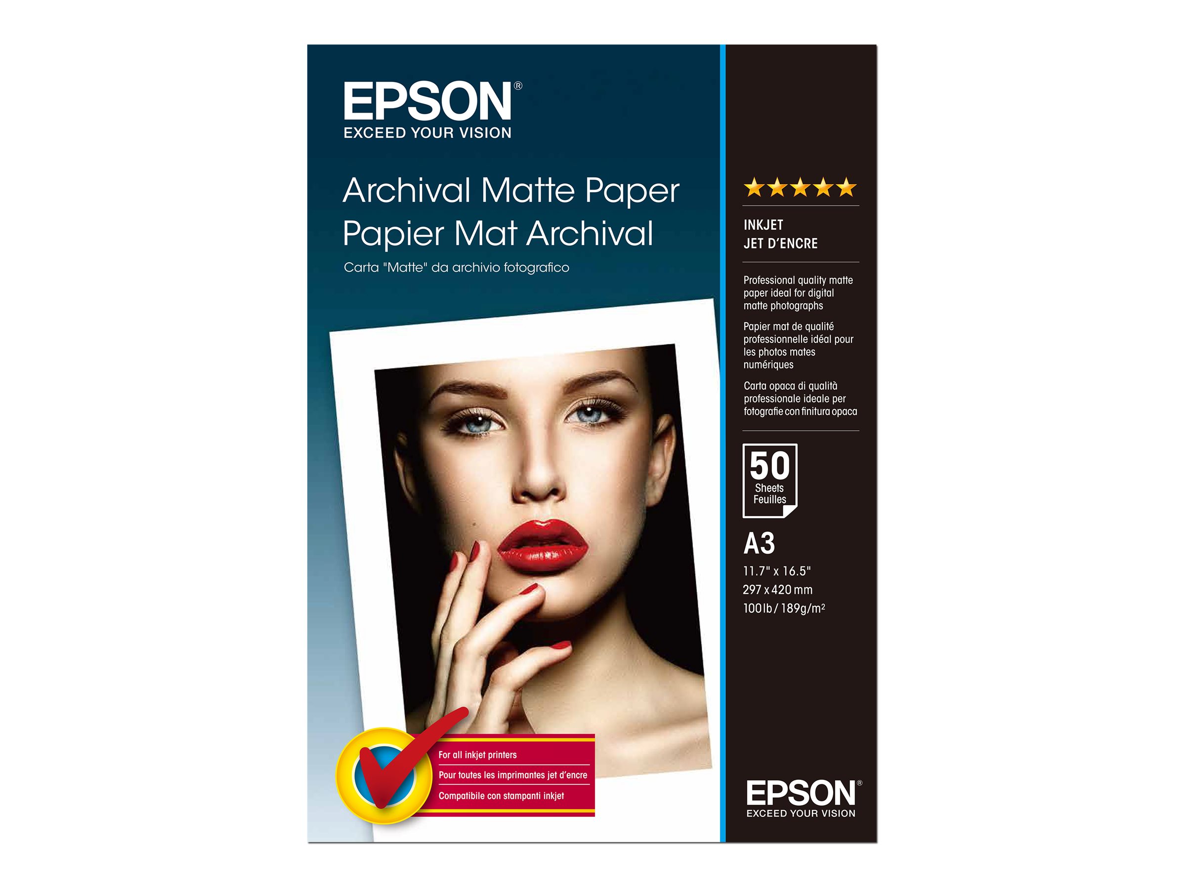 Epson Archival Matte Paper - Mat - A3 (297 x 420 mm) - 192 g/m² - 50 feuille(s) papier - pour SureColor SC-P700, P7500, P900, P9500, T2100, T3100, T3400, T3405, T5100, T5400, T5405 - C13S041344 - support spécial
