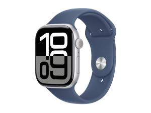 Apple Watch Series 10 (GPS) - 46 mm - aluminium argenté - montre intelligente avec bande sport - fluoroélastomère - denim - taille du bracelet : S/M - 64 Go - Wi-Fi 4, Bluetooth, UWB - 36.4 g - MWWL3QF/A - Montres intelligentes