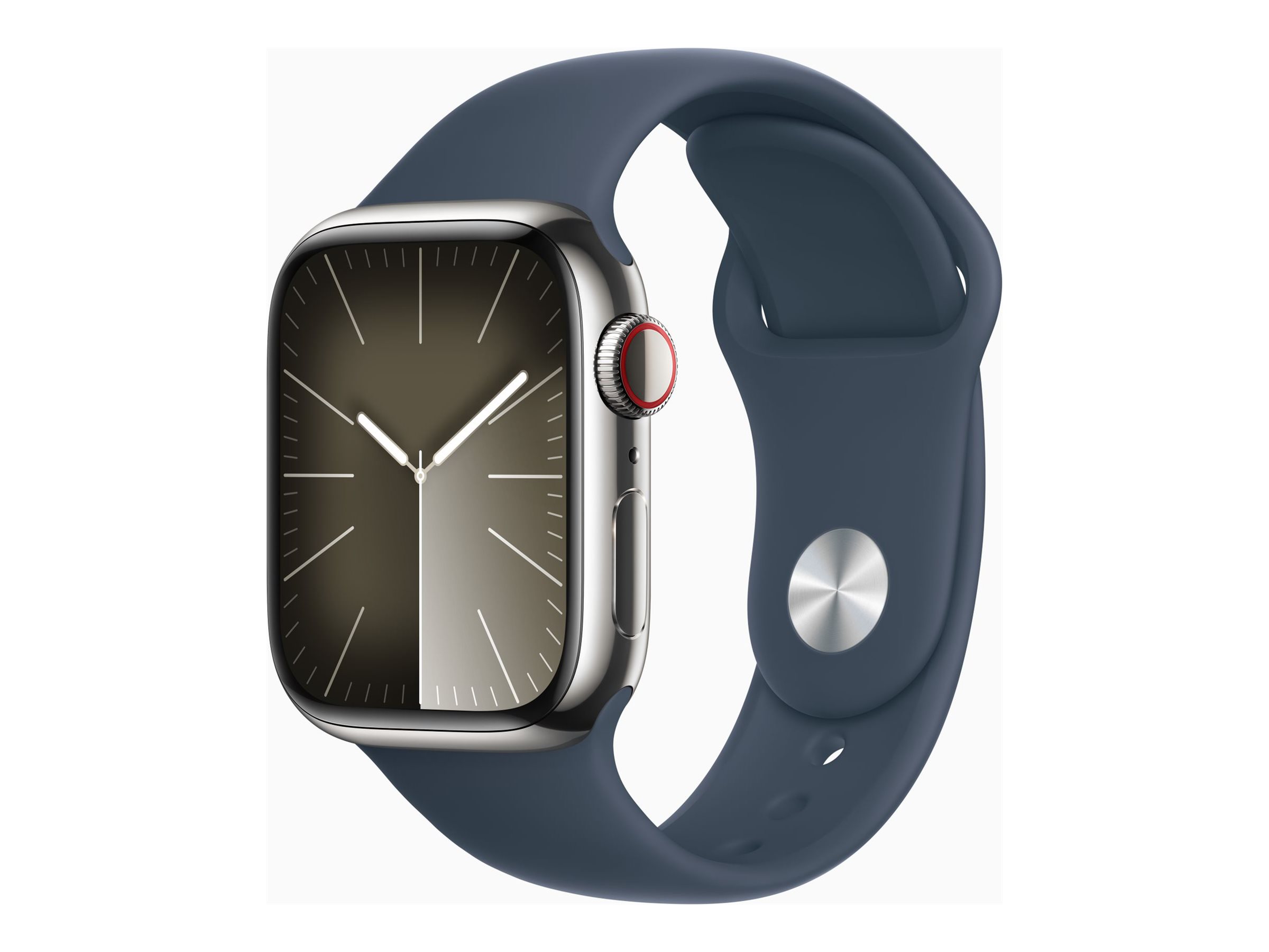 Apple Watch Series 9 (GPS + Cellular) - 41 mm - acier inoxydable argent - montre intelligente avec bande sport - fluoroélastomère - bleu orage - taille du bracelet : S/M - 64 Go - Wi-Fi, LTE, UWB, Bluetooth - 4G - 42.3 g - MRJ23QF/A - Montres intelligentes
