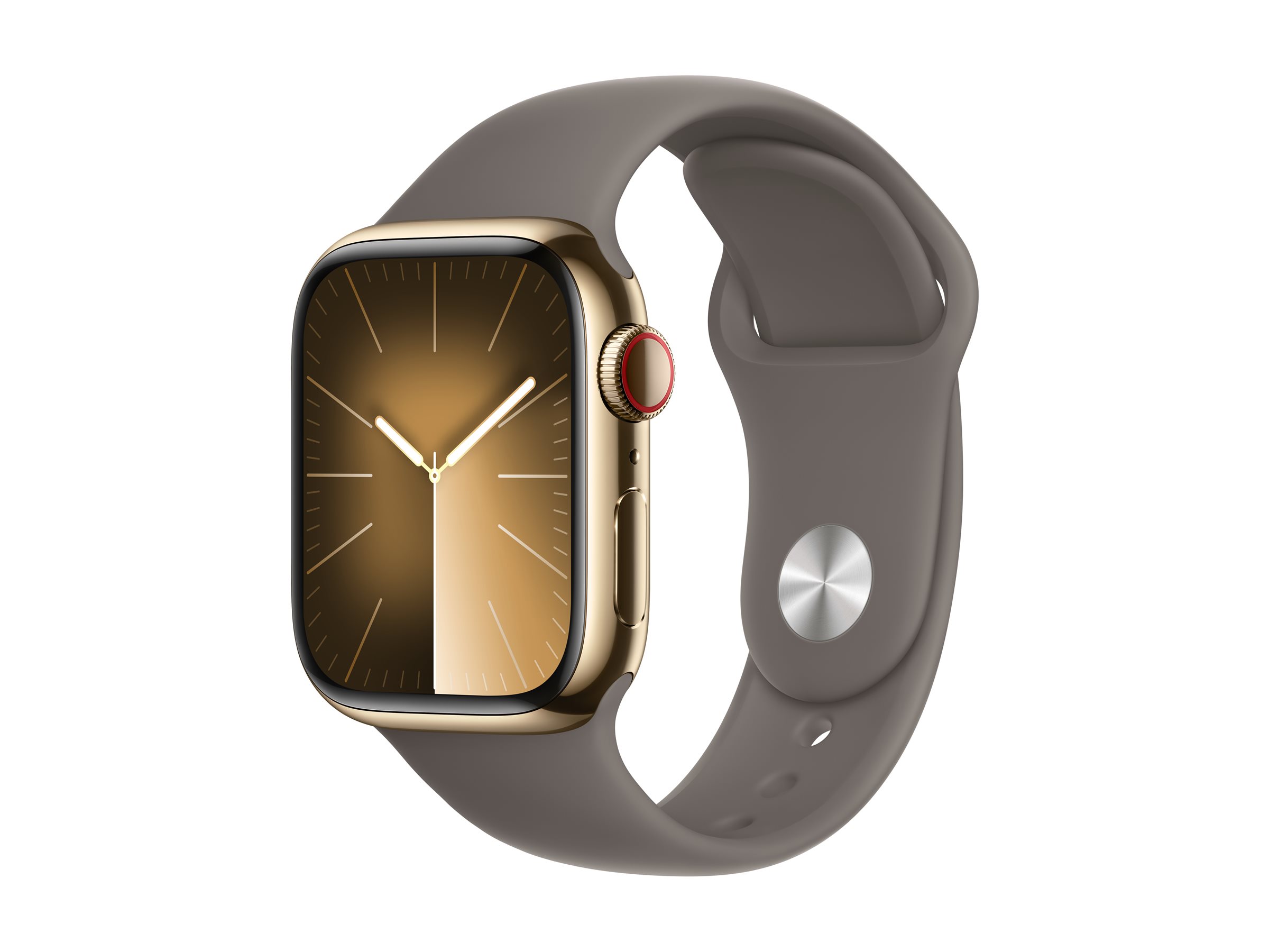 Apple Watch Series 9 (GPS + Cellular) - 41 mm - acier inoxydable doré - montre intelligente avec bande sport - fluoroélastomère - argile - taille du bracelet : S/M - 64 Go - Wi-Fi, LTE, UWB, Bluetooth - 4G - 42.3 g - démo - 3M613F/A - Montres intelligentes